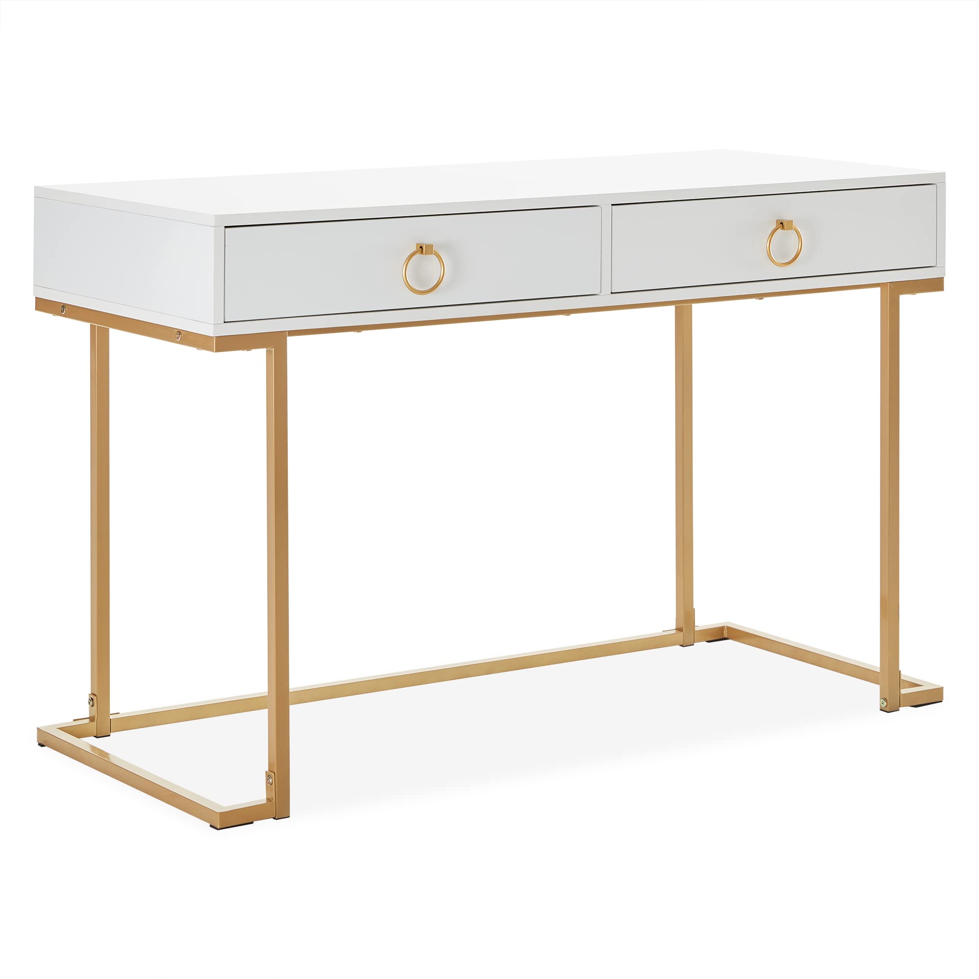 BELLEZE 45 Inch Modern Vanity Desk with 2 Drawers - Gold Metal Frame White Computer Desk for Home Office, Makeup Dressing & Study Writing Table | Perfect for Small Spaces, Bedroom & Apartment Workspace