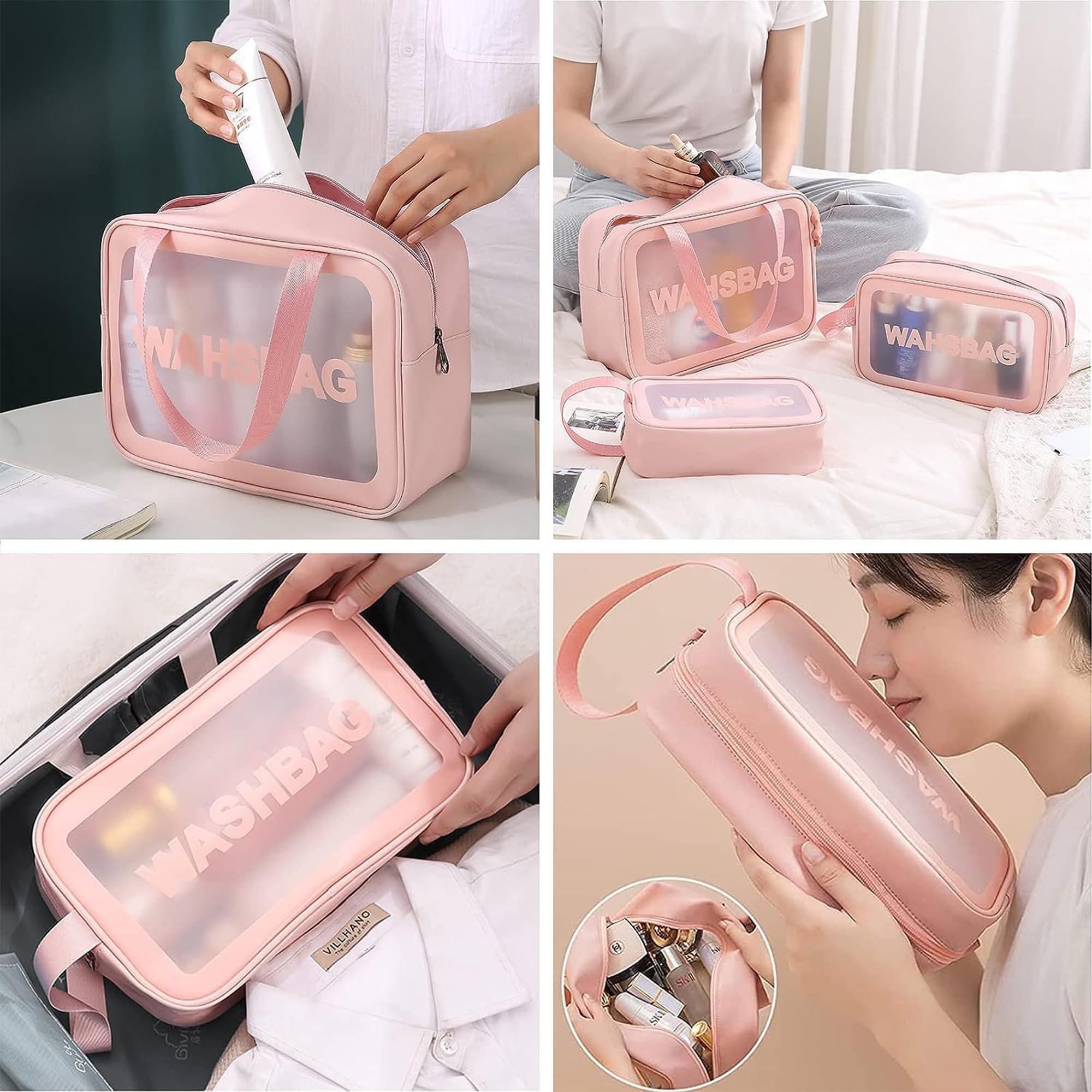 INKMILAN 3-Piece Travel Makeup Bag Set - Small, Medium & Large Cosmetic Organizer Pouch for Women, Pink | Perfect for Toiletries, Brushes & Beauty Accessories | Ideal for Travel, Gym & Daily Use
