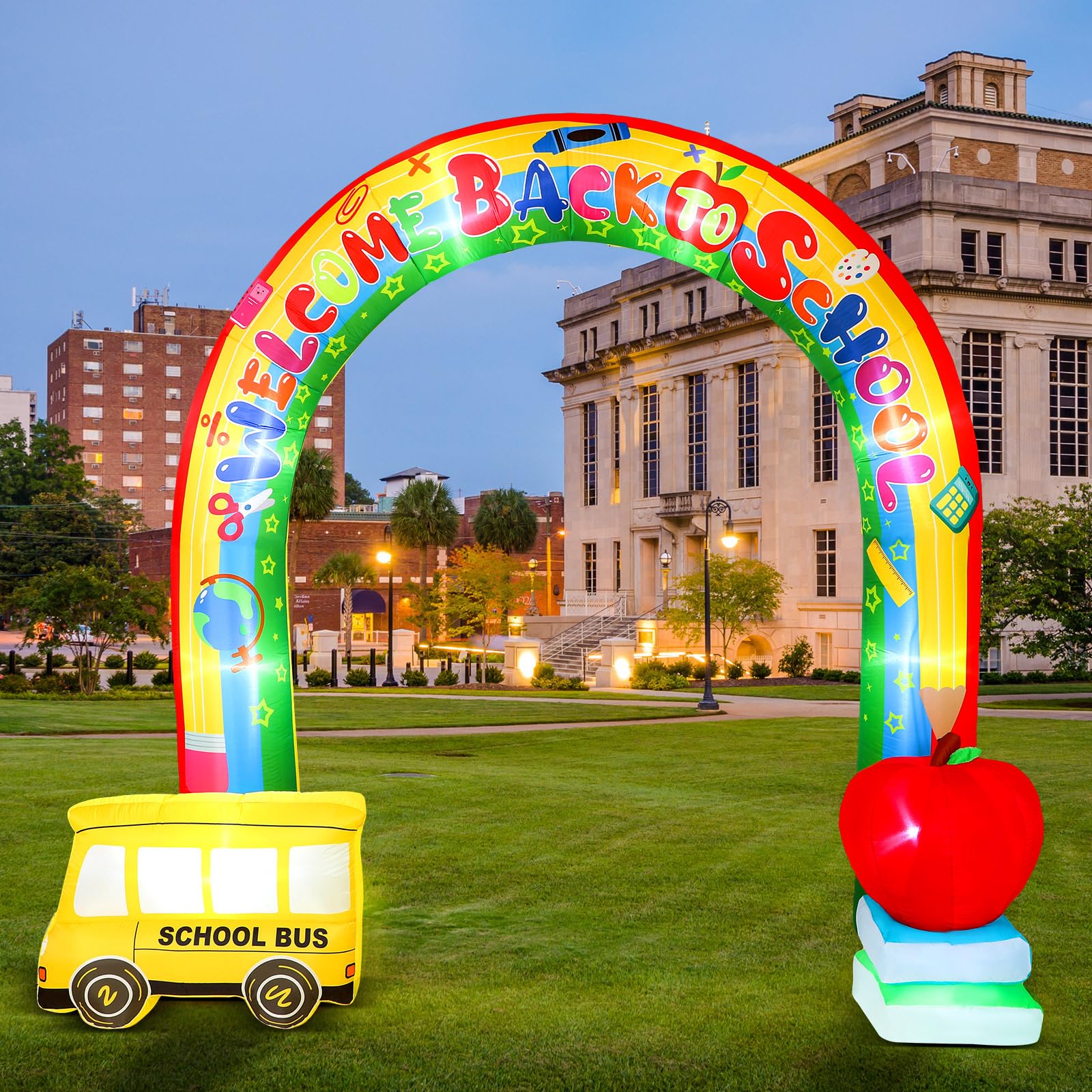 Shappy 9ft Inflatable Welcome Back to School Arch with Built-in LED Lights - Rainbow & School Bus Design for Outdoor Yard Decorations | Perfect for First Day of School Parties, Classroom Celebrations & Backyard Decor