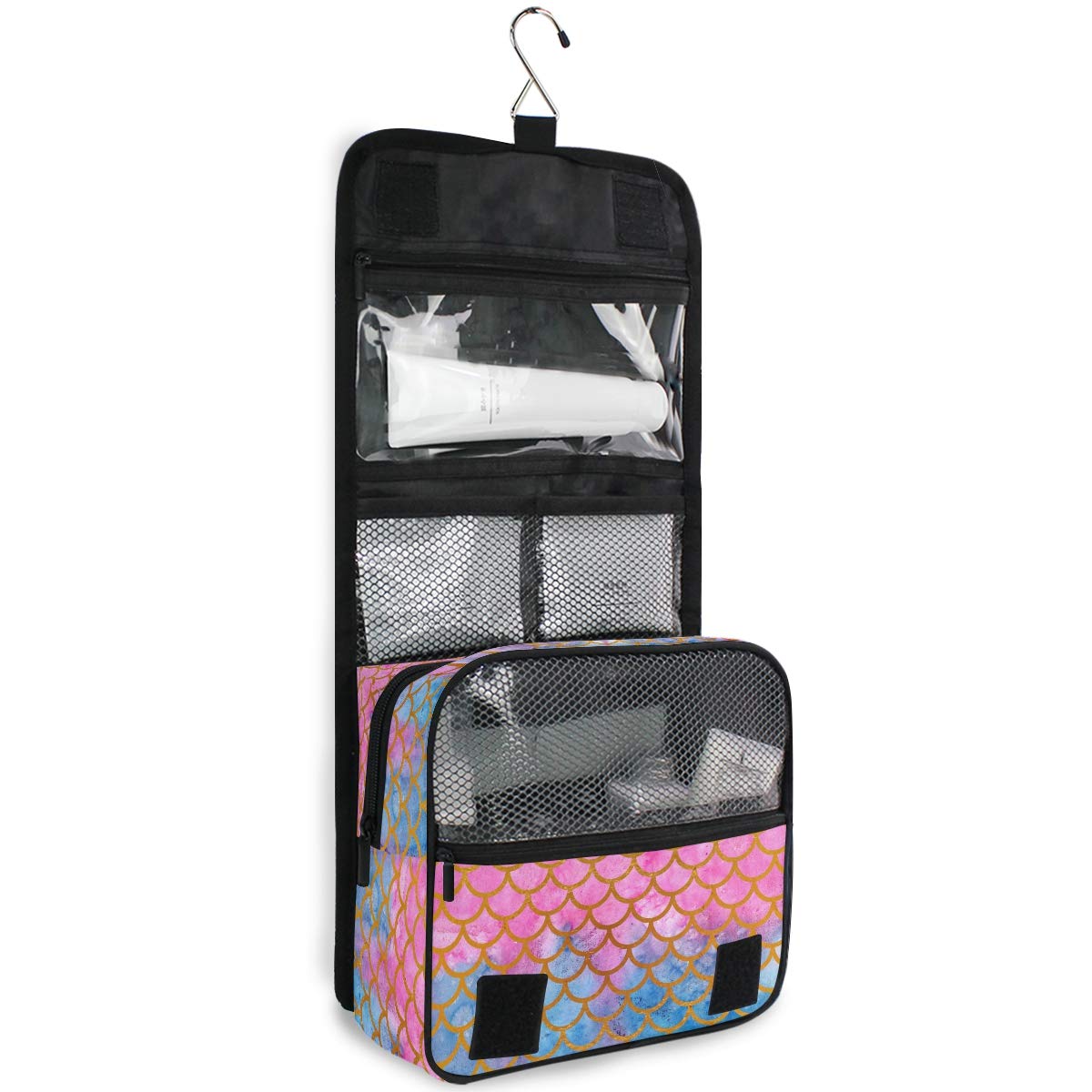 AGONA Hanging Toiletry Bag - Watercolor Mermaid Scales Design, Gold & Pink Travel Cosmetic Organizer for Women & Men | Portable Makeup Pouch with Sturdy Hook | Perfect for Bathroom, Gym, Camping & Vacation Trips