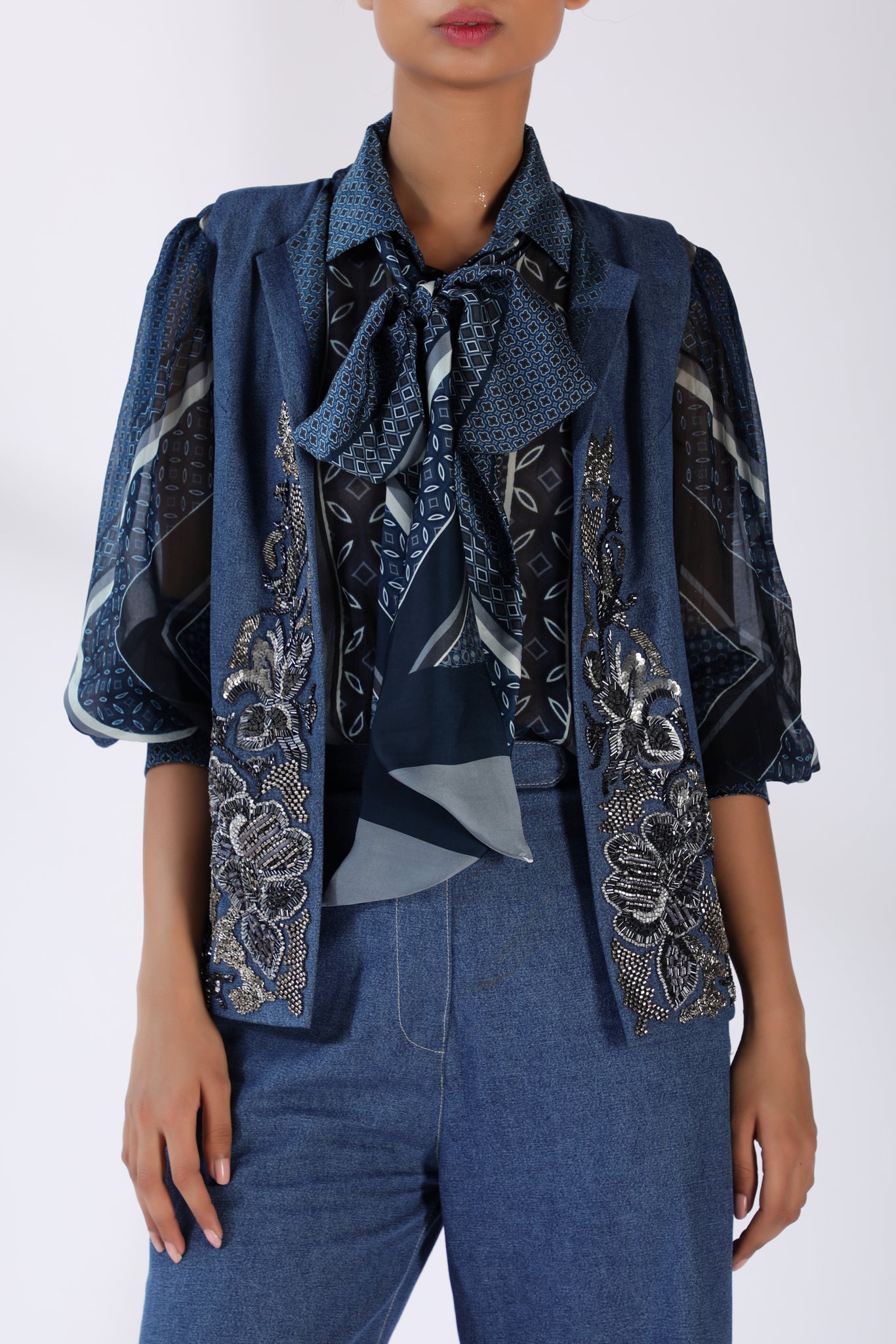Organic Tile Print Blouson with Necktie - Stylish Women's Casual Shirt for Work & Date Night Outfits