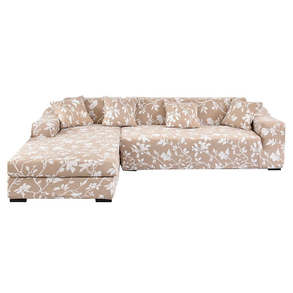 L-Shaped Sectional Sofa Slipcover 2-Piece Set - Stretch Elastic Chaise Lounge Cover, Furniture Protector for Pets & Kids - Beige - Perfect for Living Room, Family Room & Home Theater Seating
