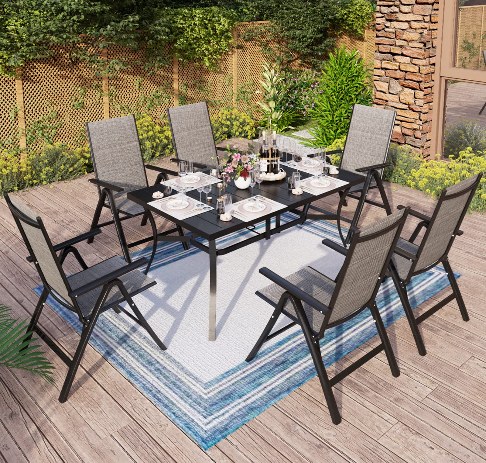 MFSTUDIO 8-Pack Adjustable Aluminum Folding Patio Chairs with Arms - Textilene Padded Outdoor Dining Chairs for Backyard, Garden, Poolside & Camping (Grey) - 7-Level Reclining & Portable Design