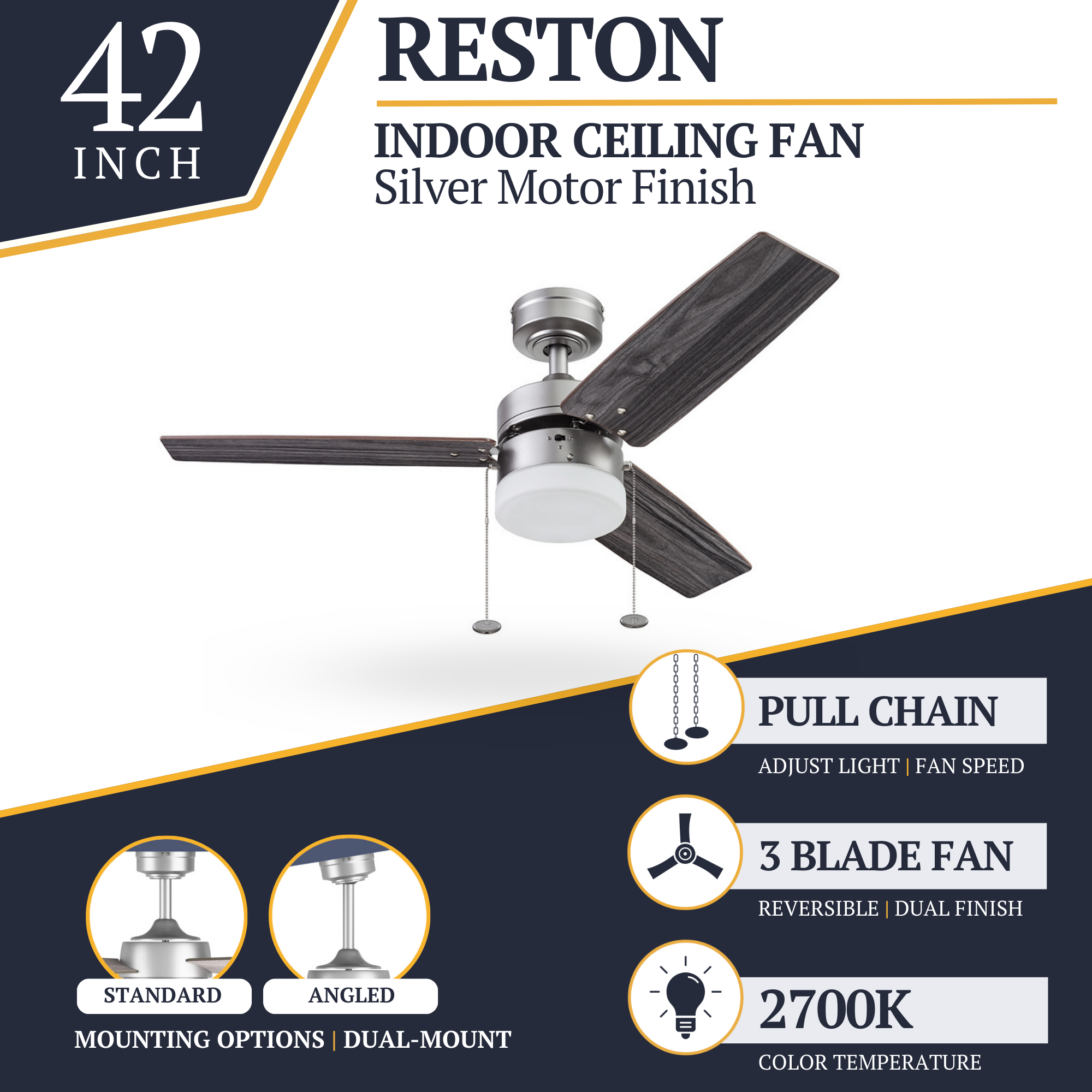 42 Inch Reston Pewter Ceiling Fan with Pull Chain - Modern Indoor Cooling Fan for Living Room, Bedroom, and Office
