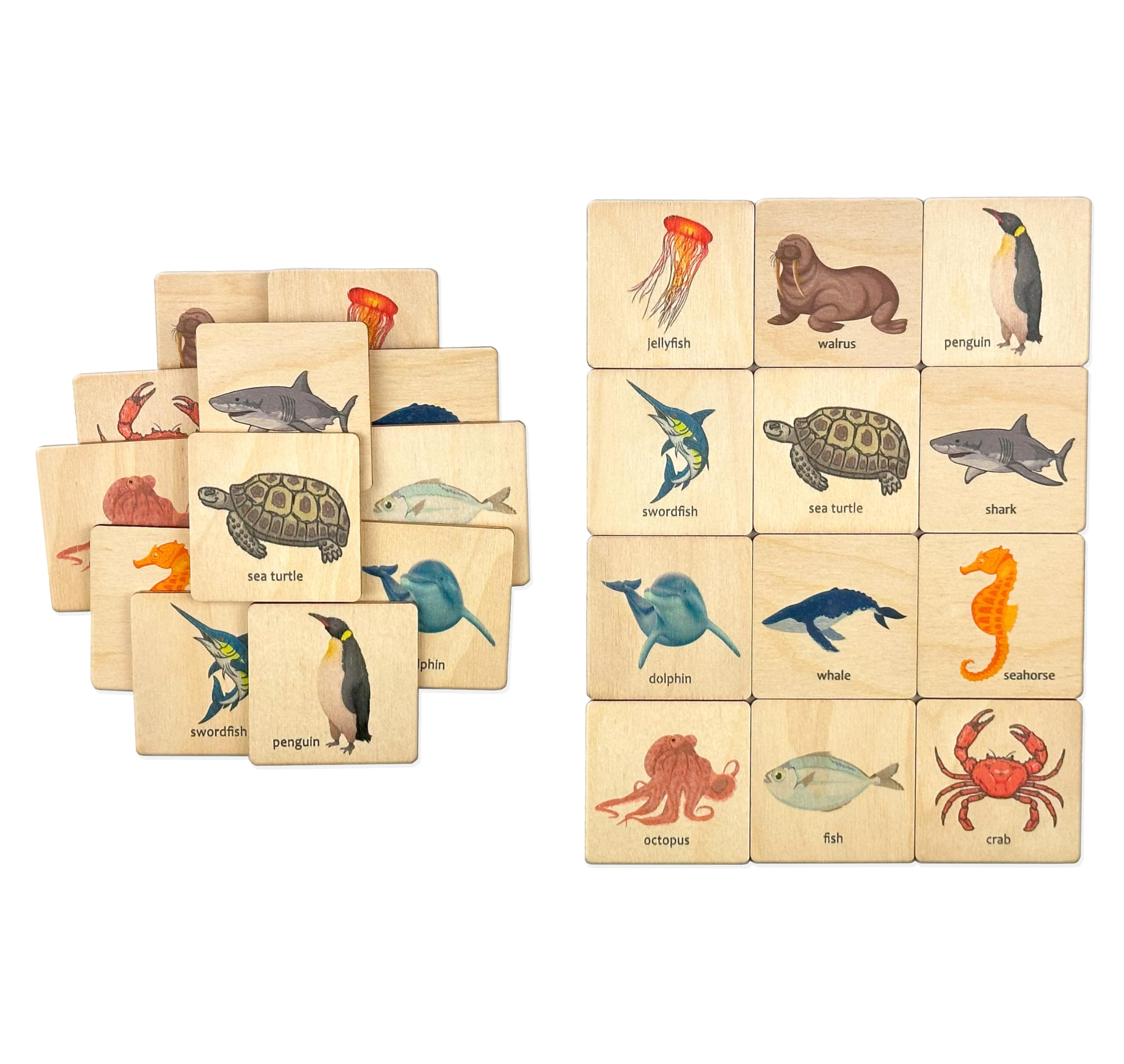 Montessori Wooden Ocean Animals Memory Matching Game - Educational Marine Life Learning Toys for Toddlers & Preschool Kids - Perfect for Montessori Classroom, Birthday Gifts & Early Childhood Development (4.5x4.5cm)