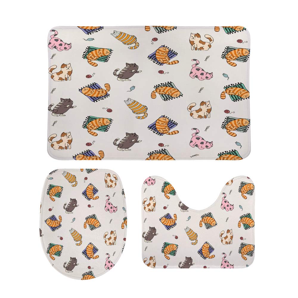 Non-Slip U-Shaped Bathroom Rug Set - 3 Piece Absorbent Cat Design Toilet Mat & Contour Lid Cover - Soft Bath Mats for Bathroom Floor, Shower, and Laundry Room - Cute Colorful Home Decor for Pet Lovers