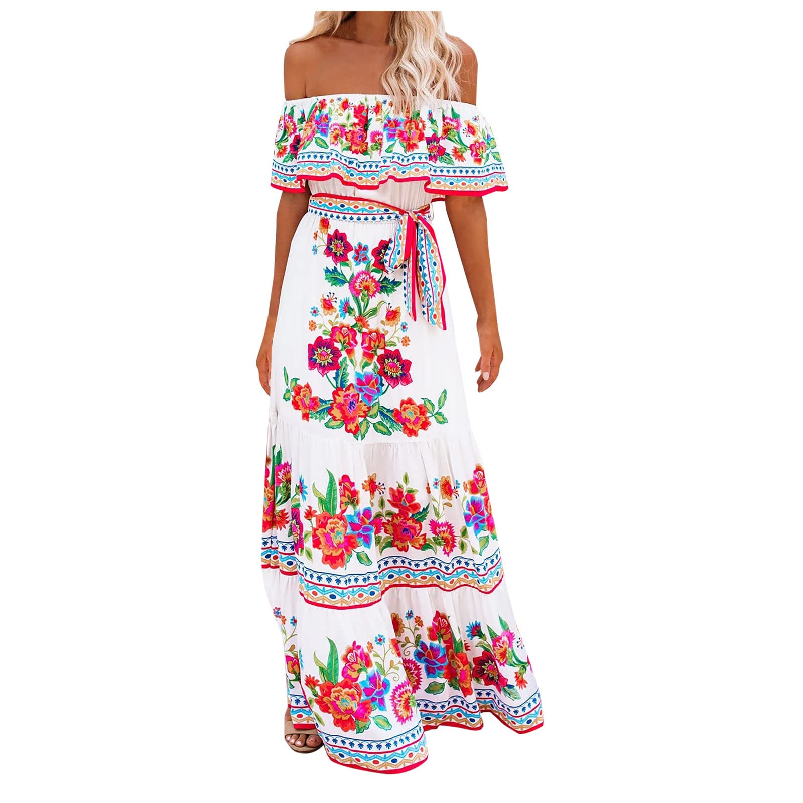 Ceimmol Women's Off Shoulder Floral Print Mexican Dress - Summer Party, Casual Wear & College Graduation Outfit - Perfect for Beach Vacations, Festivals and Date Nights