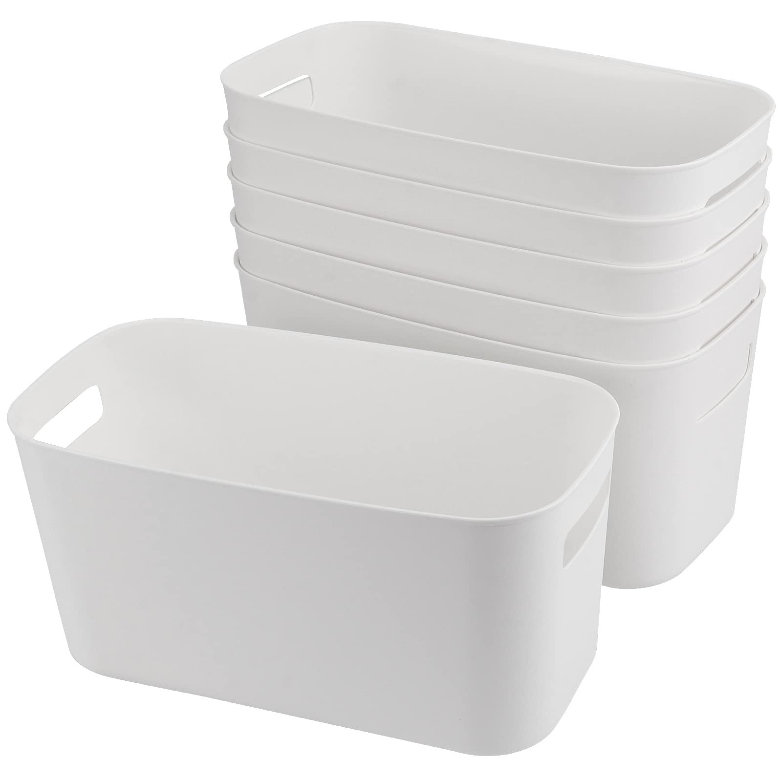 SINJEUN 6-Pack 11-Inch White Plastic Bathroom Vanity Organizer Bins with Handles - Large Storage Containers for Towels, Shower Gel, Shampoo - Perfect for Bathroom, Kitchen, and Home Organization