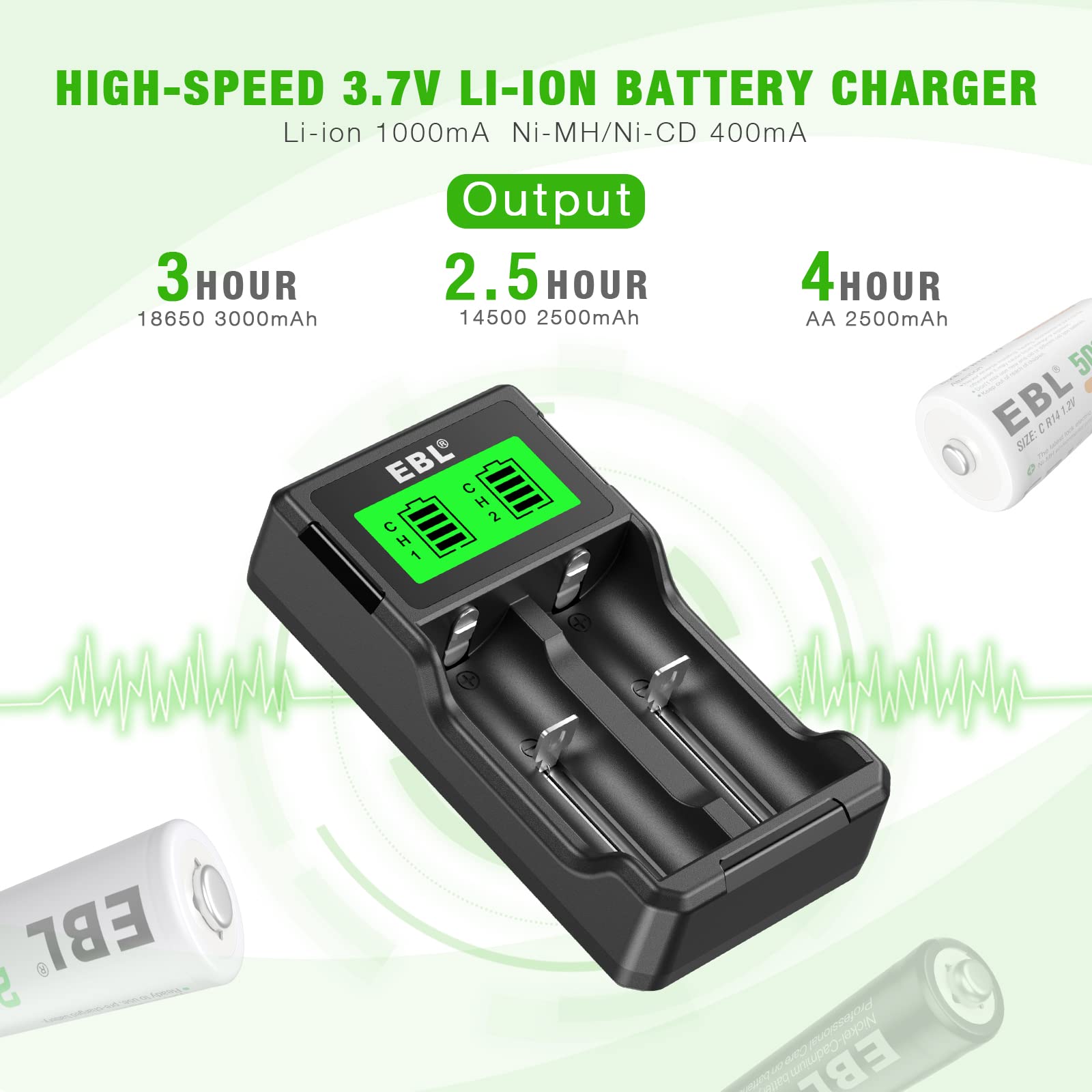 EBL Universal 18650 Battery Charger for 3.7V Li-ion & 1.2V Ni-MH Rechargeable Batteries - Compatible with 26650, 22650, 18650, AA, AAA, CD - Perfect for Flashlights, Cameras, and Electronic Devices