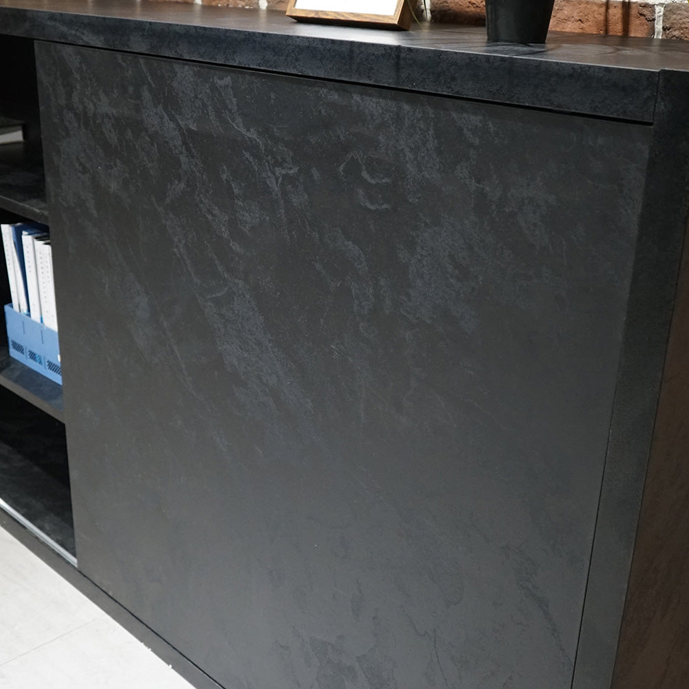 AFTAN 94.5-Inch Black Concrete TV Stand with Open Shelves - Modern Entertainment Center for Living Room, Bedroom & Home Theater