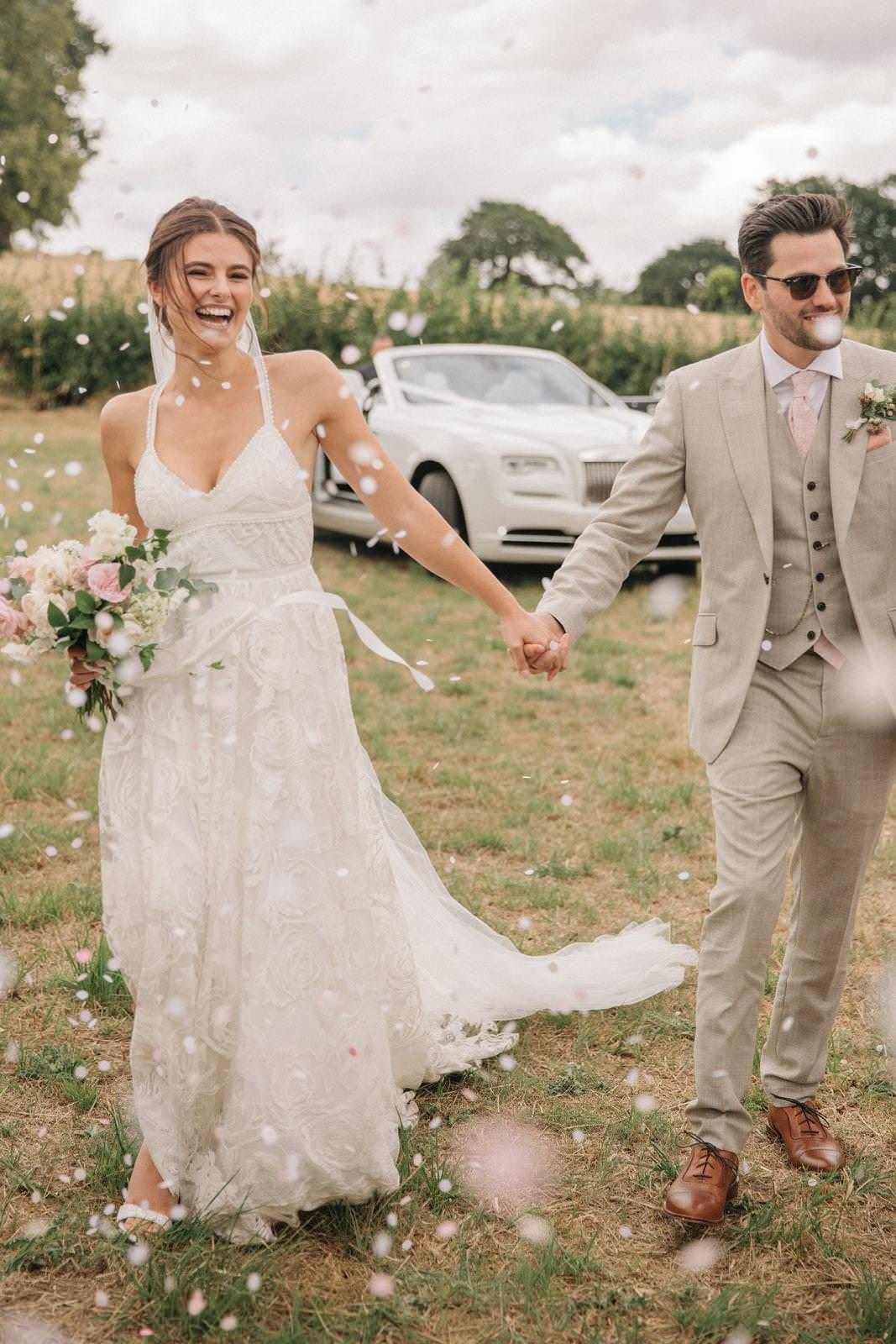 Elegant V-Neck Lace Beach Wedding Dress with Slit & Open Back - Romantic Long Bridal Gown for Beach Weddings, Destination Elopements & Summer Bridal Events