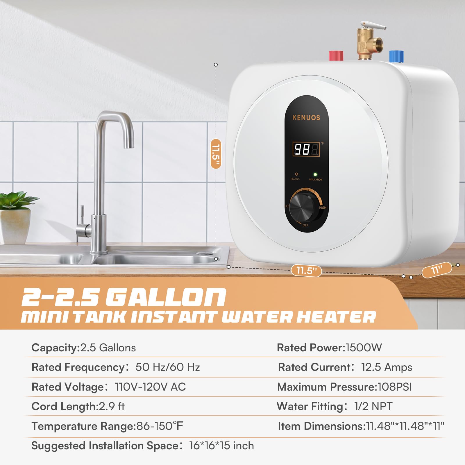 Under Sink Instant Hot Water Heater 2.5 Gallon - 120V 1500W Mini Tank Electric Water Heater with Digital Display & Pressure Release Valve (1/2
