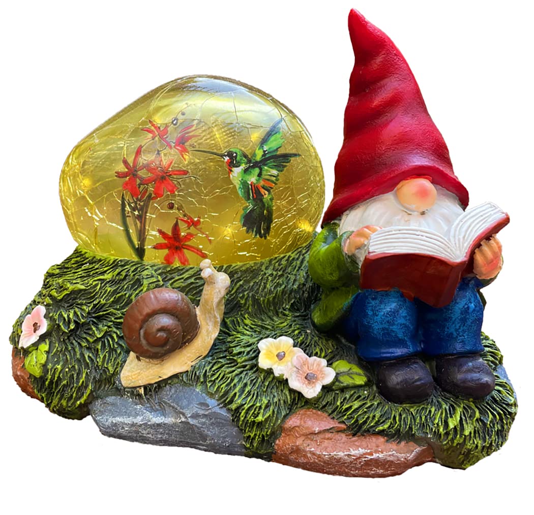 Solar Powered Garden Gnome with Red Hat & Snail - LED Solar Light Outdoor Decor, Weatherproof Resin Lawn Ornament for Yard, Patio & Garden Decorations - Perfect for Backyard, Flower Beds & Pathway Lighting