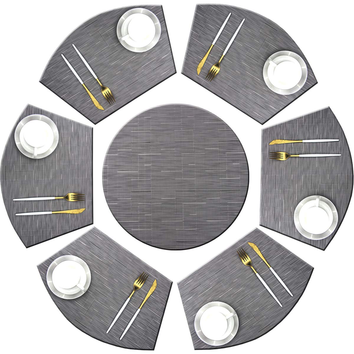 Premium Woven Vinyl Wedge Placemat Set - Heat Resistant & Easy Clean Table Mats (1 Round + 6 Wedge, Grey) for Elegant Dining & Entertaining