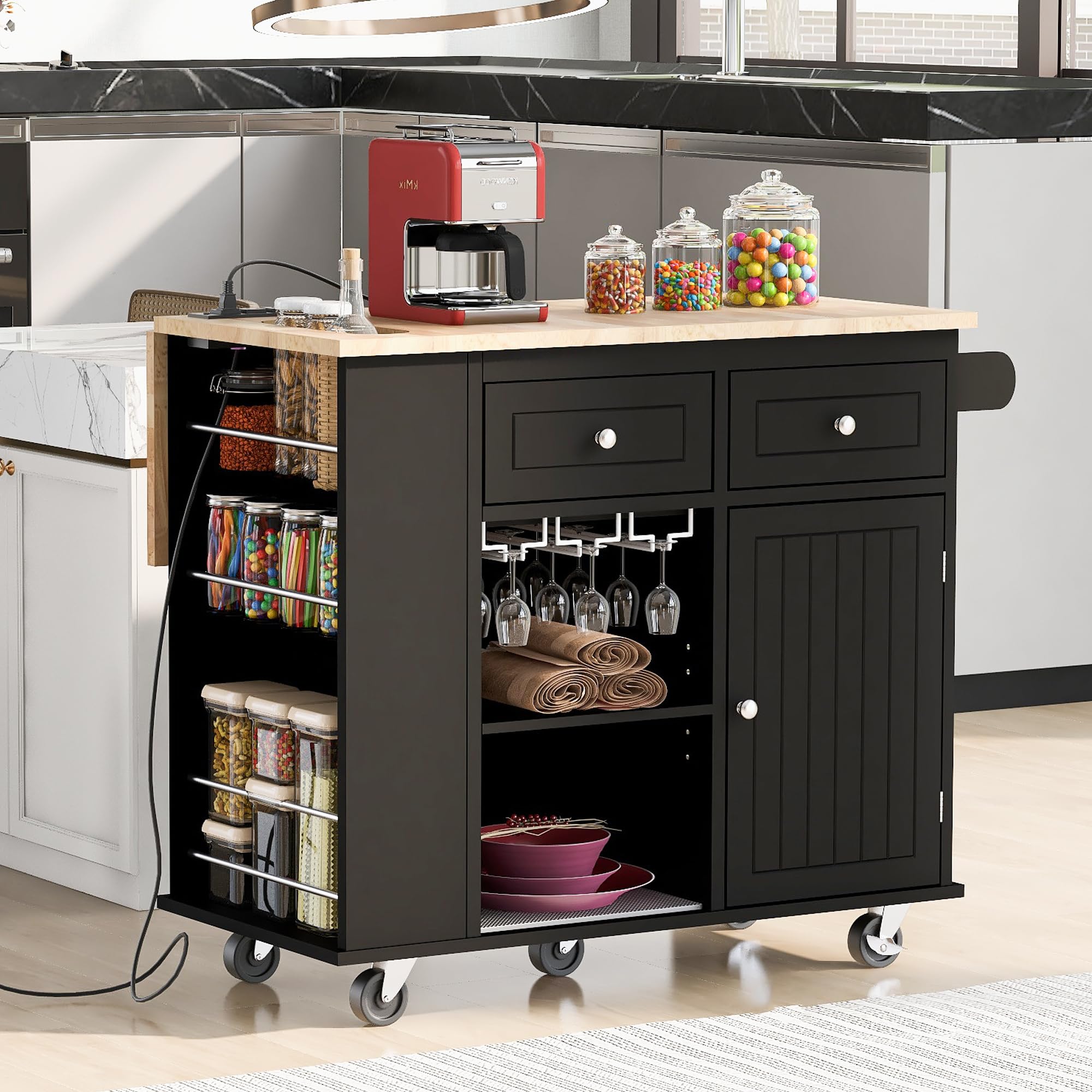 Black Kitchen Island Cart with Power Outlet, Drop Leaf & Rubber Wood - Open Storage, Wine Rack & 5 Casters - Adjustable Storage Organizer for Home Kitchen & Dining Room - Perfect for Small Spaces, Entertaining & Meal Prep