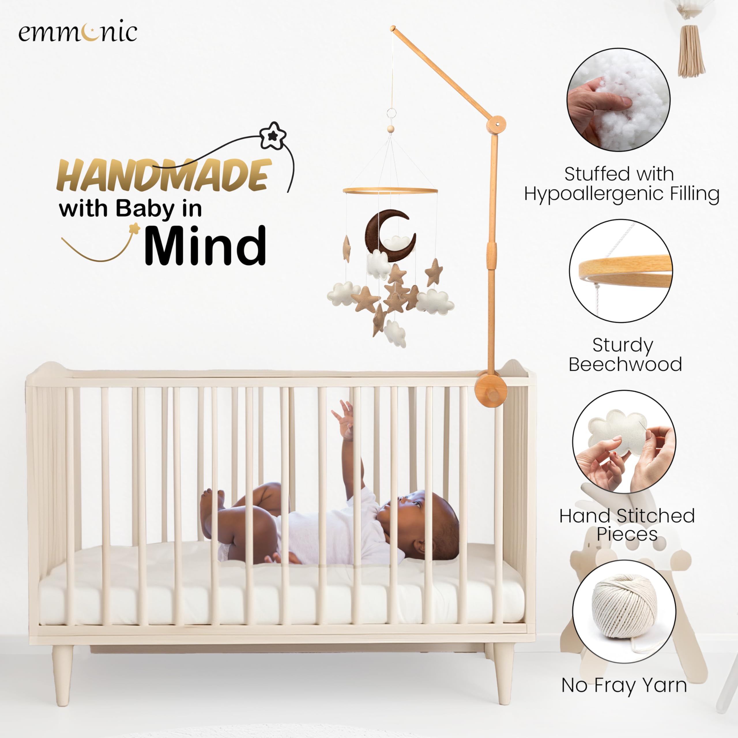 Brown Moon Stars & Beige Clouds Felt Baby Crib Mobile - Gender Neutral Nursery Decor for Boys & Girls - Modern Boho Crib Mobile for Baby Showers, Newborn Photography & Nursery Room Decor