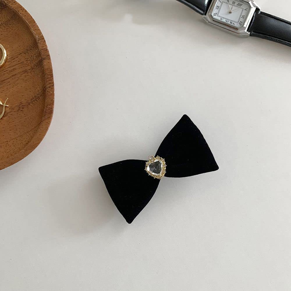 Elegant Velvet Bow Hair Clips for Women and Girls - Vintage Crystal Heart Barrettes with Side Duckbill Clips - White Hair Accessories for Parties, Weddings, and Daily Wear