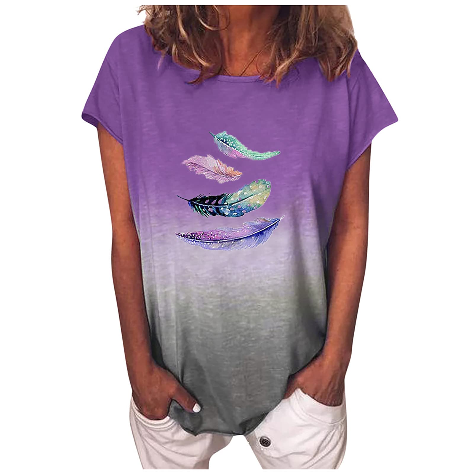 Women's Summer Graphic T-Shirts - Feather Print Short Sleeve Blouses, Loose Crewneck Tops for Leggings | Casual Wear, Beach Outfits & Everyday Fashion