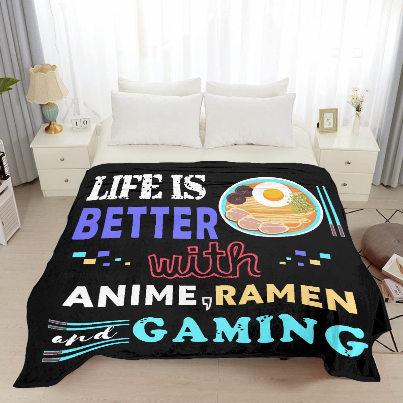 Soft Plush Anime Ramen Throw Blanket - 80 x 60in Large Flannel Blanket for Adults & Gamers - Perfect for Gaming Rooms, Bed Decor & Anime Lovers Gift