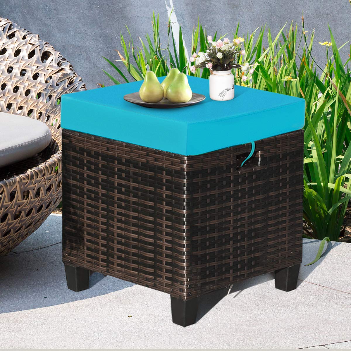2PCS Rattan Wicker Ottoman Set with Removable Cushions - Patio Footstool & Footrest Seat - Outdoor Wicker Furniture for Home, Garden, Backyard (Turquoise) - Perfect for Relaxing on Your Deck or Poolside Lounge