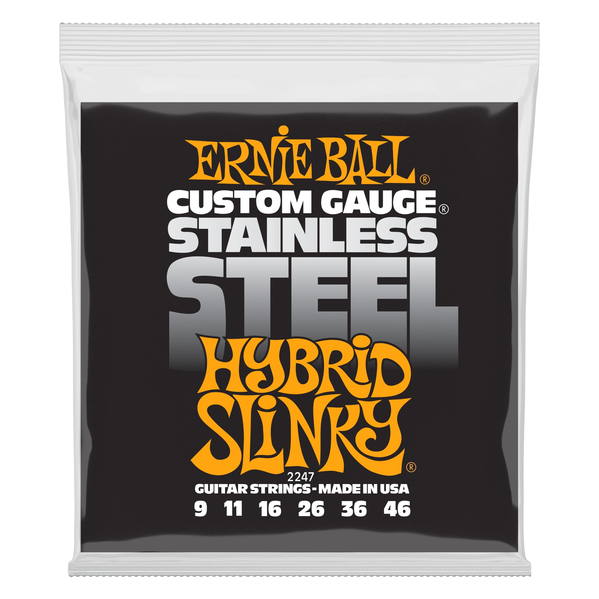 Ernie Ball Hybrid Slinky 9-46 Gauge Stainless Steel Electric Guitar Strings (P02247) - Perfect for Rock, Blues & Metal Performances