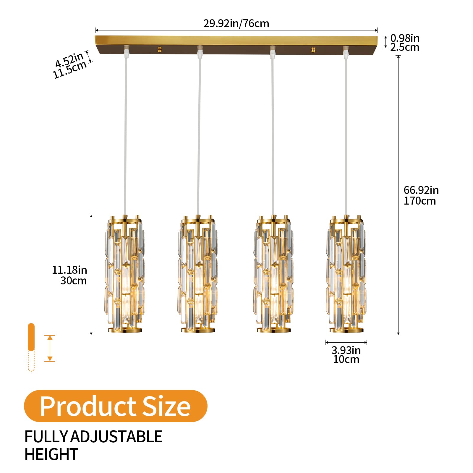 LMQNINE 4-Light Gold Modern Pendant Lighting with Mini Crystals - Adjustable Hanging Chandelier for Kitchen Island, Dining Room, Bedroom - Elegant Gold Finish (Perfect for Home Decor & Interior Lighting)