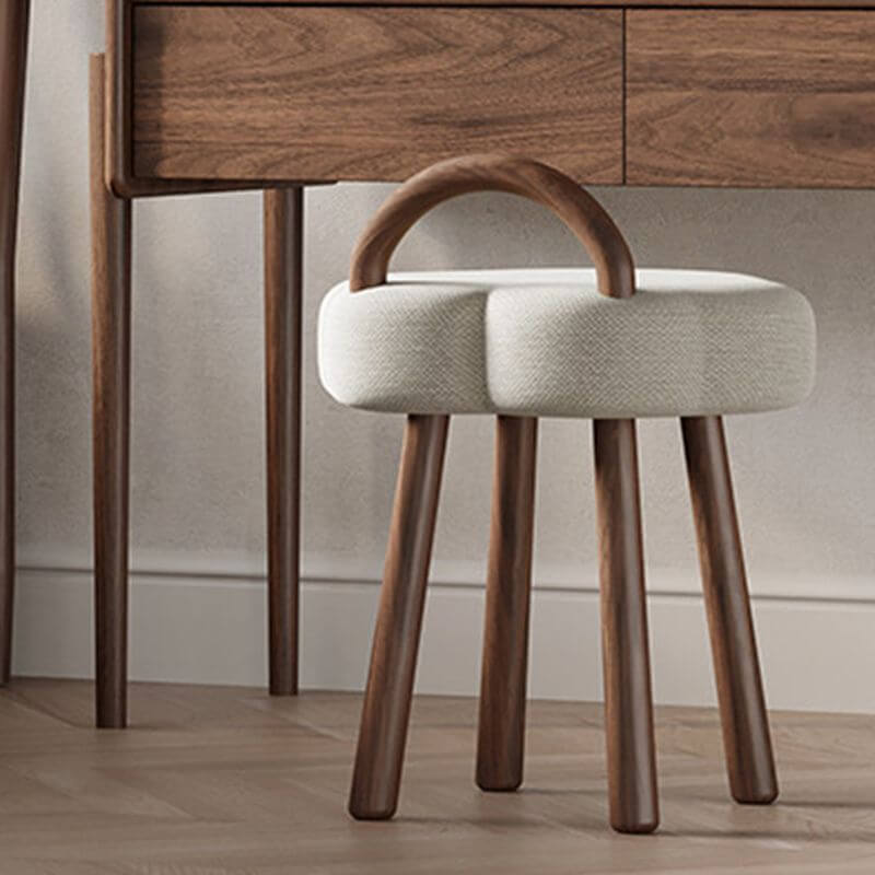 White Upholstered Vanity Stool with Back Support & Wooden Legs - 19