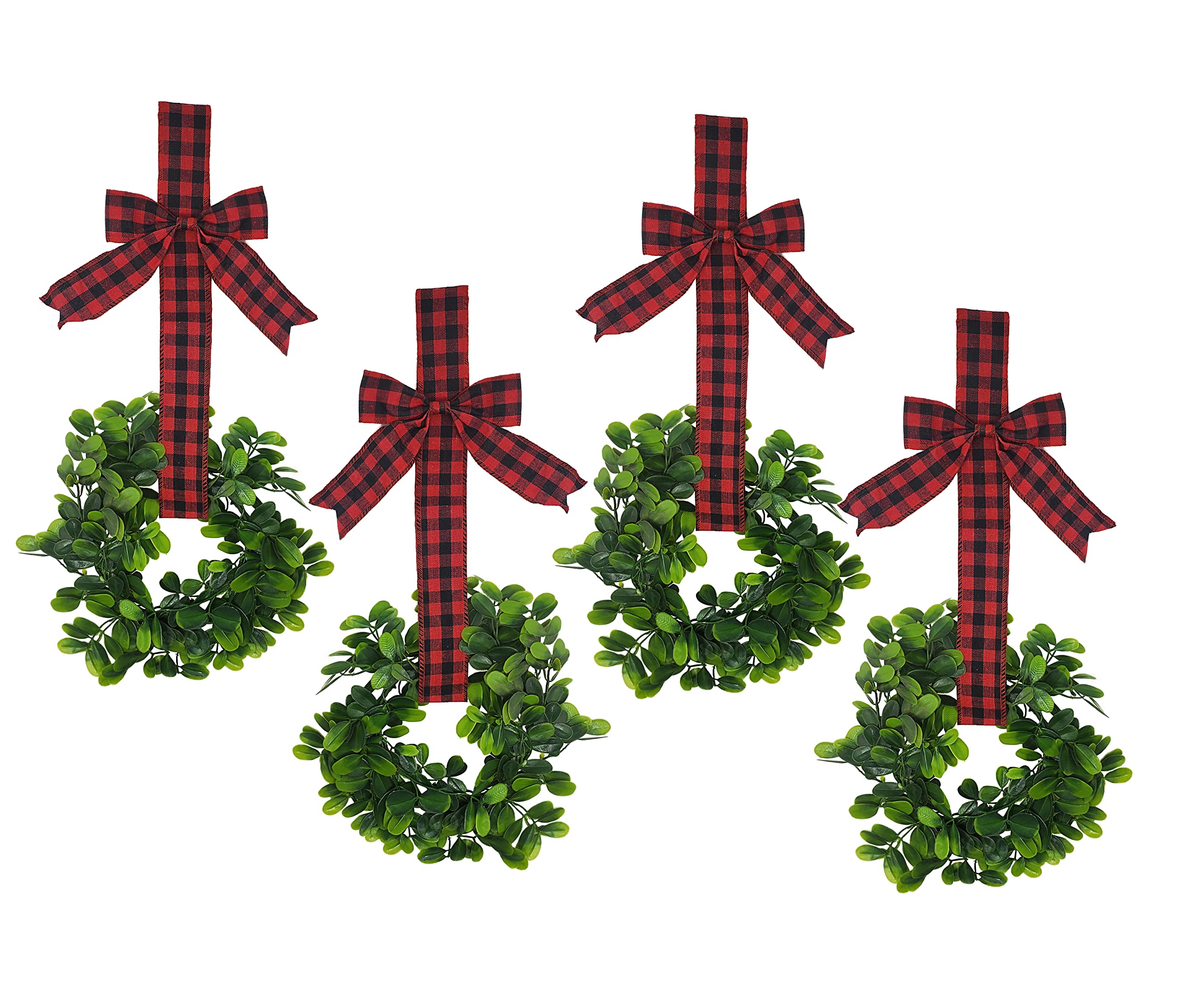 KOVOT Set of 4 Christmas Hanging Wreaths with Plaid Ribbon Bow - Holiday Decor for Kitchen Cabinets, Doors, Windows, Railings & Behind Chairs - Black & Red Plaid Bow - Perfect for Festive Home, Office & Party Decorations