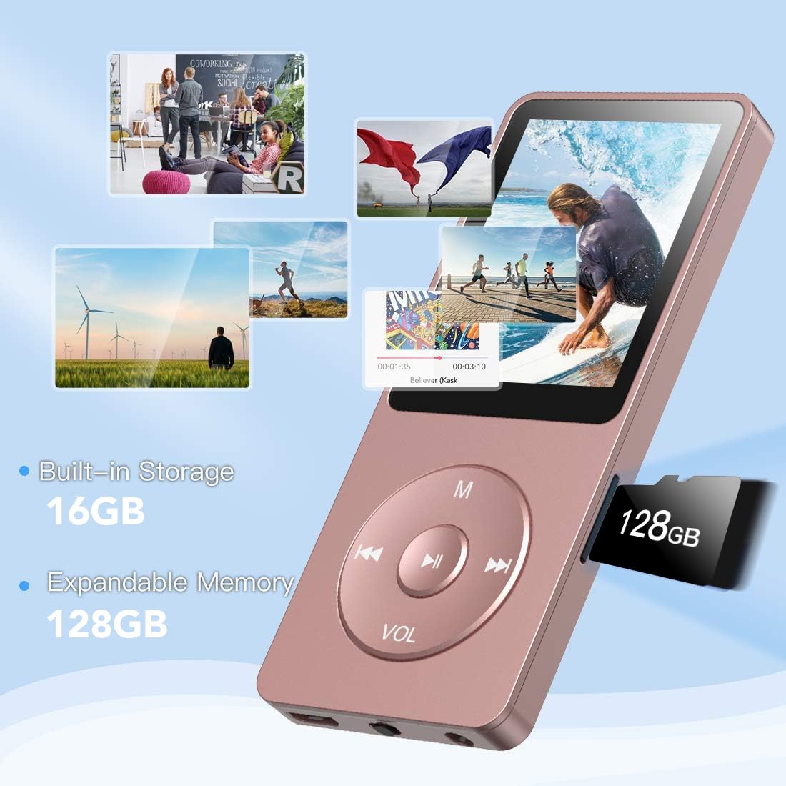 AGPTEK 16GB MP3 Player with Noise Cancelling Earbuds - Portable Music Player for Running, Workout, Travel & Sleep | High Quality Sound & Lightweight Design