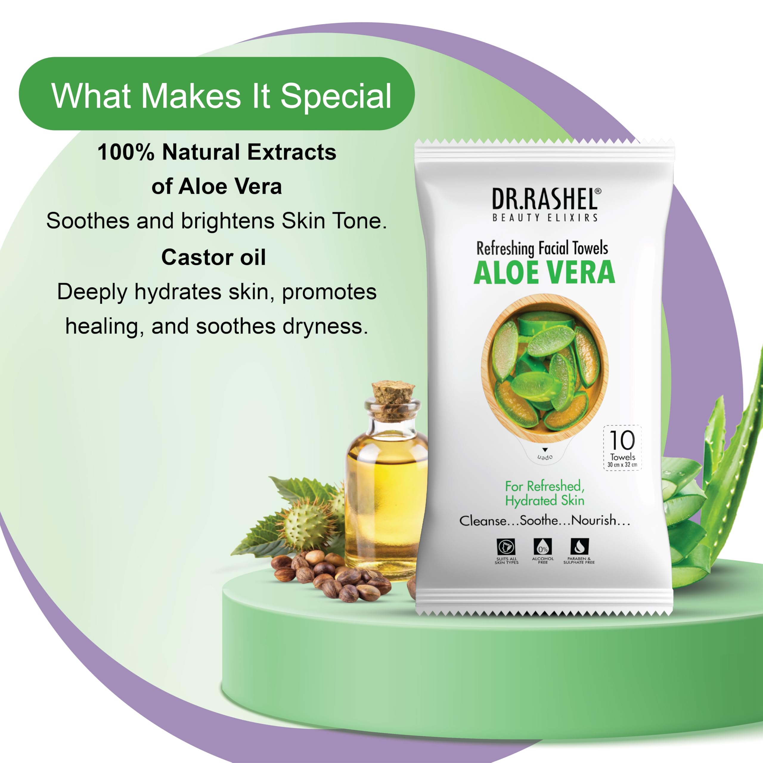 DR.Rashel's Aloe Vera Facial Towel Pack (10 Count) - Soothing & Hydrating Face Wipes for Sensitive Skin, Travel & Gym Use
