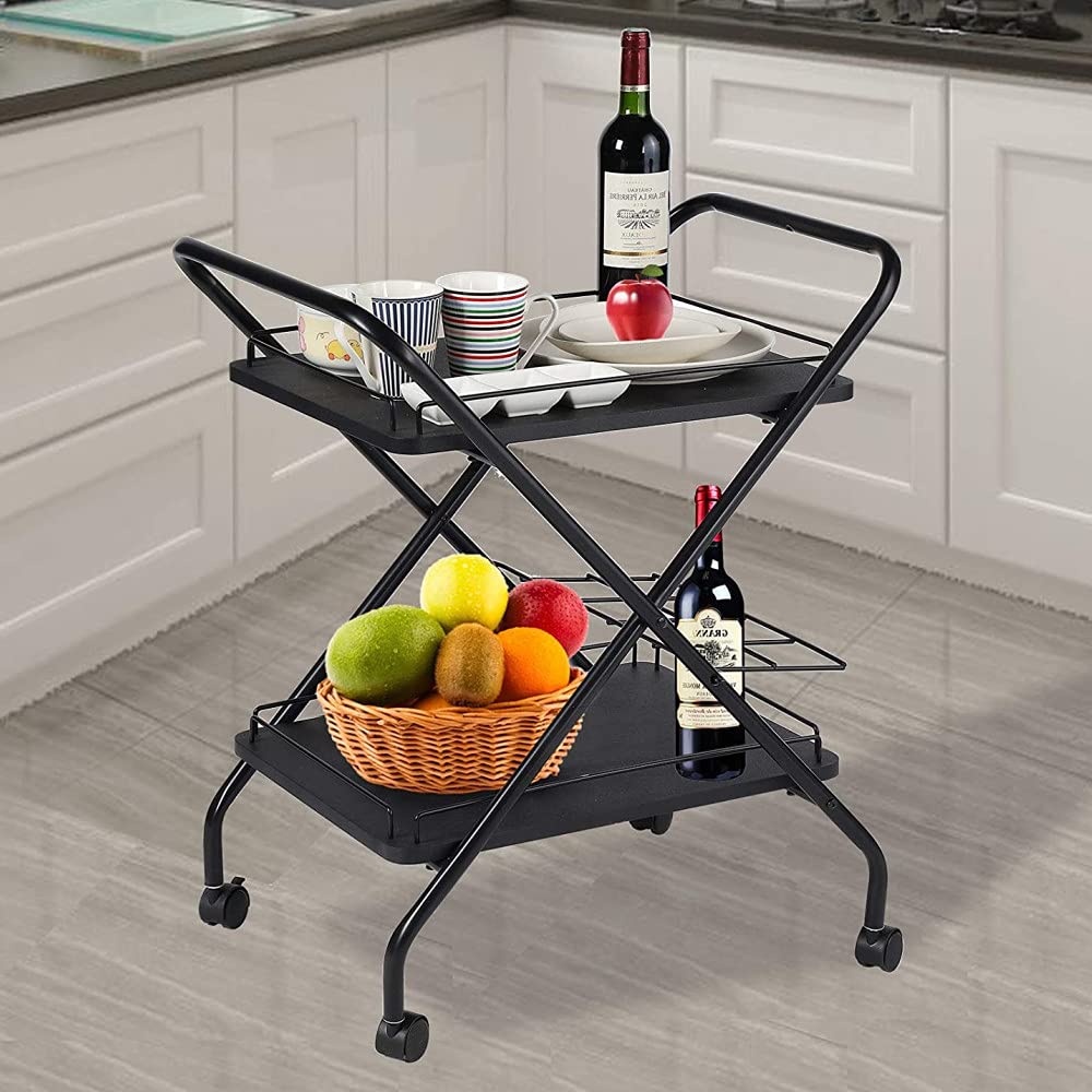HomVent Rolling Bar Cart with Wine Rack - 2-Tier Wooden Trays Metal Serving Trolley for Kitchen, Hotel & Restaurant - Mobile Kitchen Cart for Wine, Tea & Beverage Serving - Perfect for Home Entertaining, Commercial Use & Party Hosting