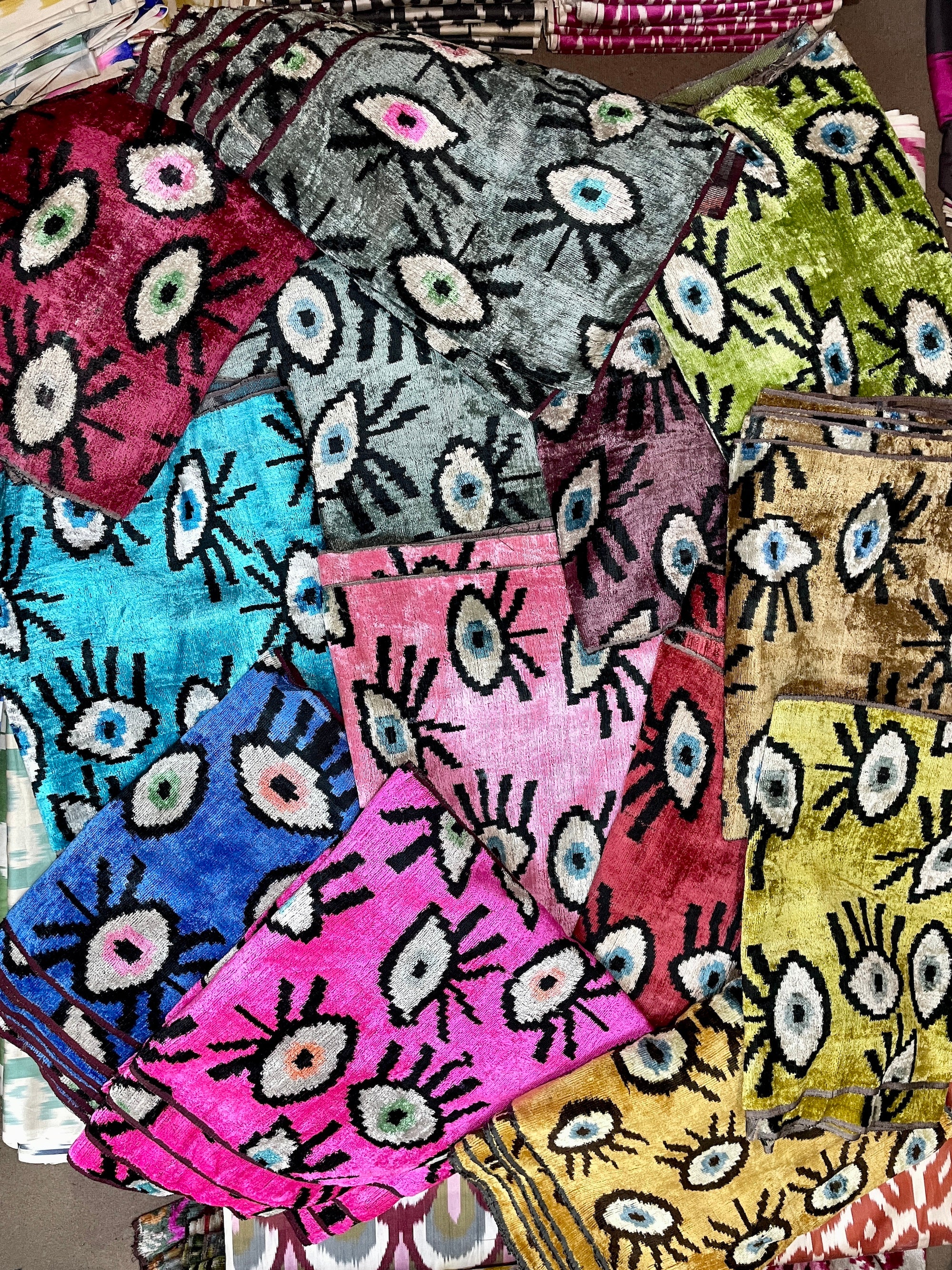 Velvet Ikat Cushion Pillow with Evil Eye Design in Yellow - Perfect for Boho Home Decor, Sofa & Bedroom Accent