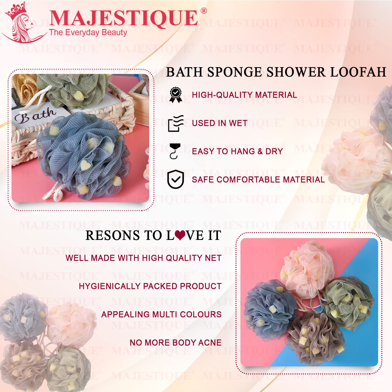 Majestique 3-Pack Long Handle Back Scrubber Brush with Exfoliating Loofah Sponge & 2 Body Wash Puffs - 60g Bath Sponge for Deep Cleansing - Ideal for Men, Women & Elderly - Perfect for Shower, Bath & Spa Relaxation