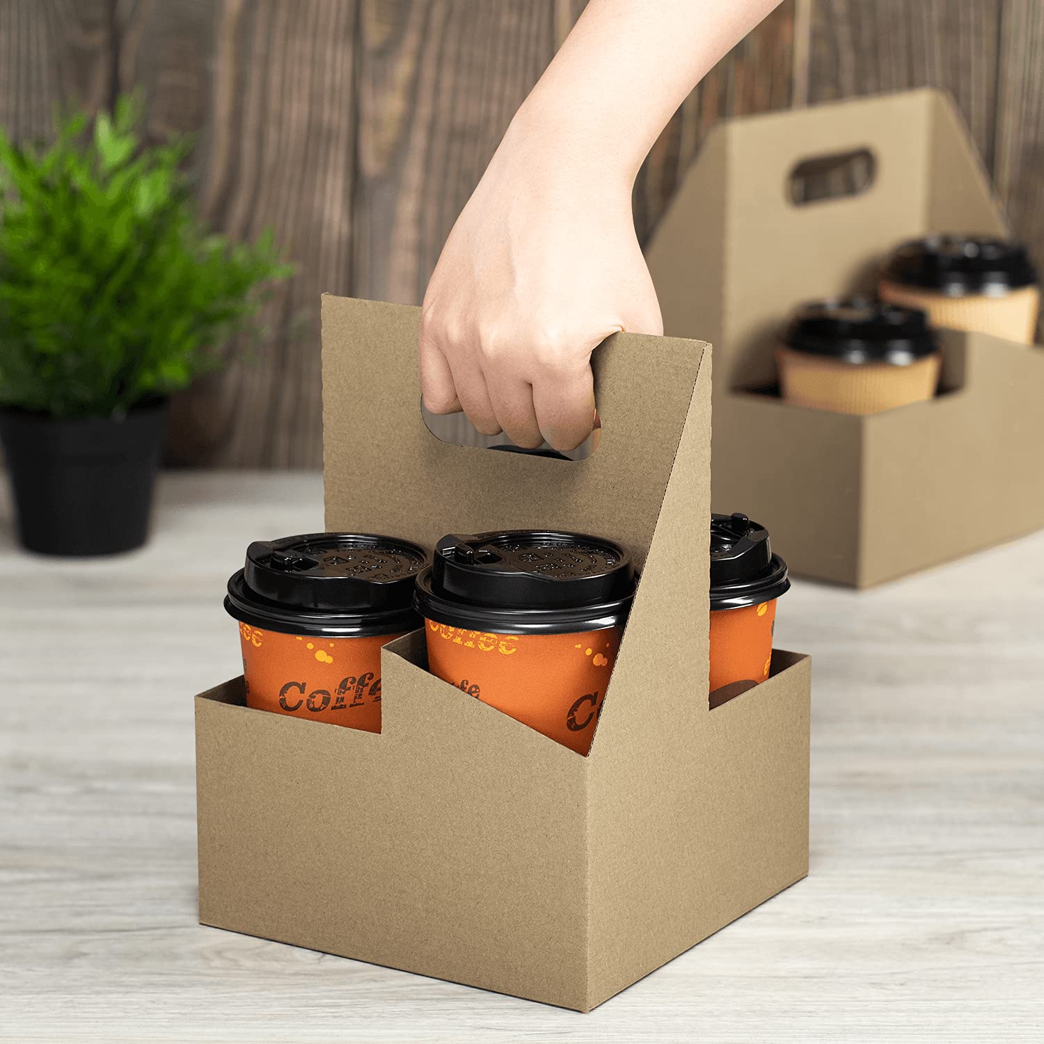 Sturdy 4-Cup Kraft Paper Drink Carrier with Handle - Eco-Friendly Disposable Coffee Cup Holder for Hot & Cold Beverages (Fits 10-32 oz Cups) - Perfect for Coffee Shops, Takeout, Parties & Office Events