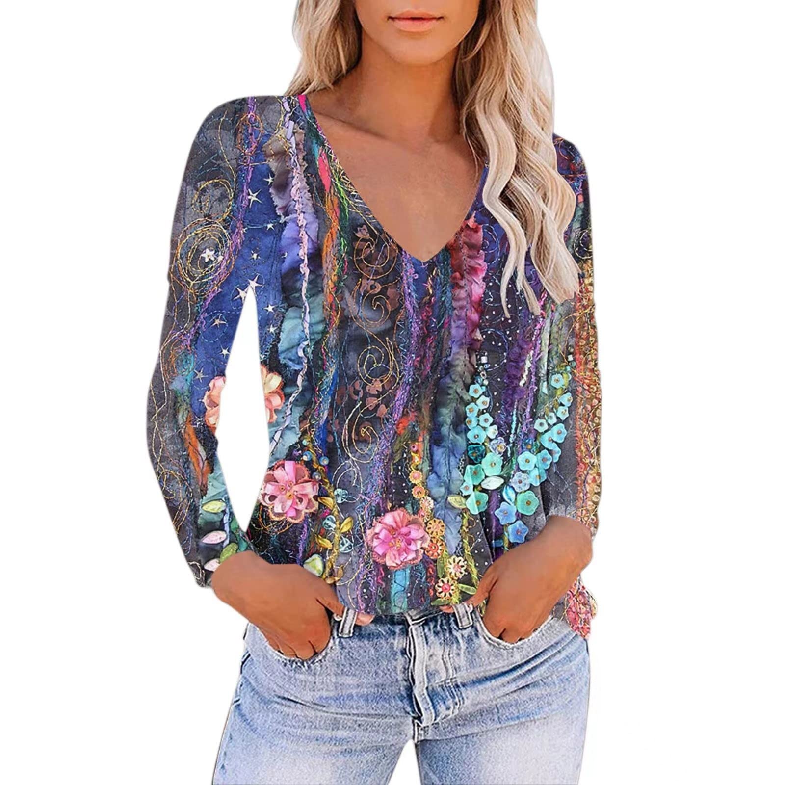 UODSVP Women's Casual T-Shirts - White & Black Long Sleeve Crop Tops, Mock Neck & V-Neck Loose Pullover Shirts with Gradient Print (XXL, Purple) | Perfect for Everyday Wear, St. Patrick's Day & Casual Outfits