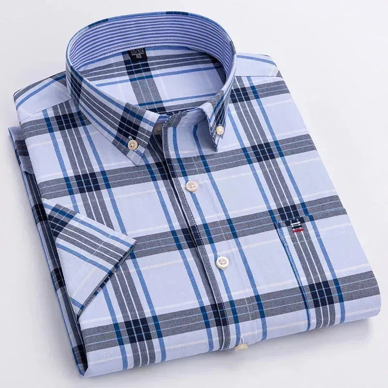 Men's Short Sleeve Plaid Cotton Shirt - Casual Button Down Shirt for Men - Comfortable Breathable Summer Shirt - Perfect for Outdoor Activities, Travel and Daily Wear