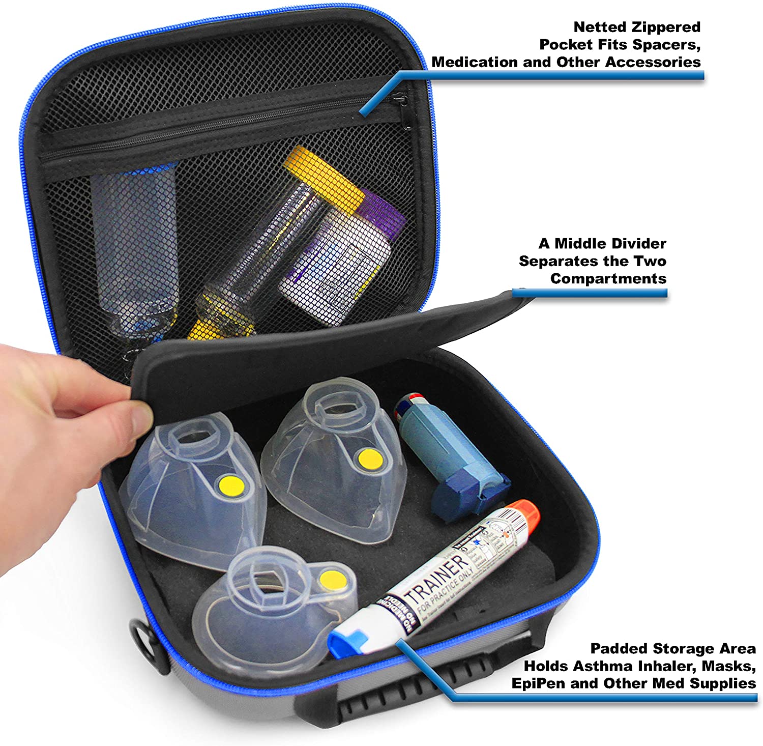 CASEMATIX Asthma Inhaler & Essential Carrying Case - Protective Travel Bag for Handheld Asthma Nebulizer Machine, Asthma Mask & Spacer - Perfect for Travel, Home & Emergency Use