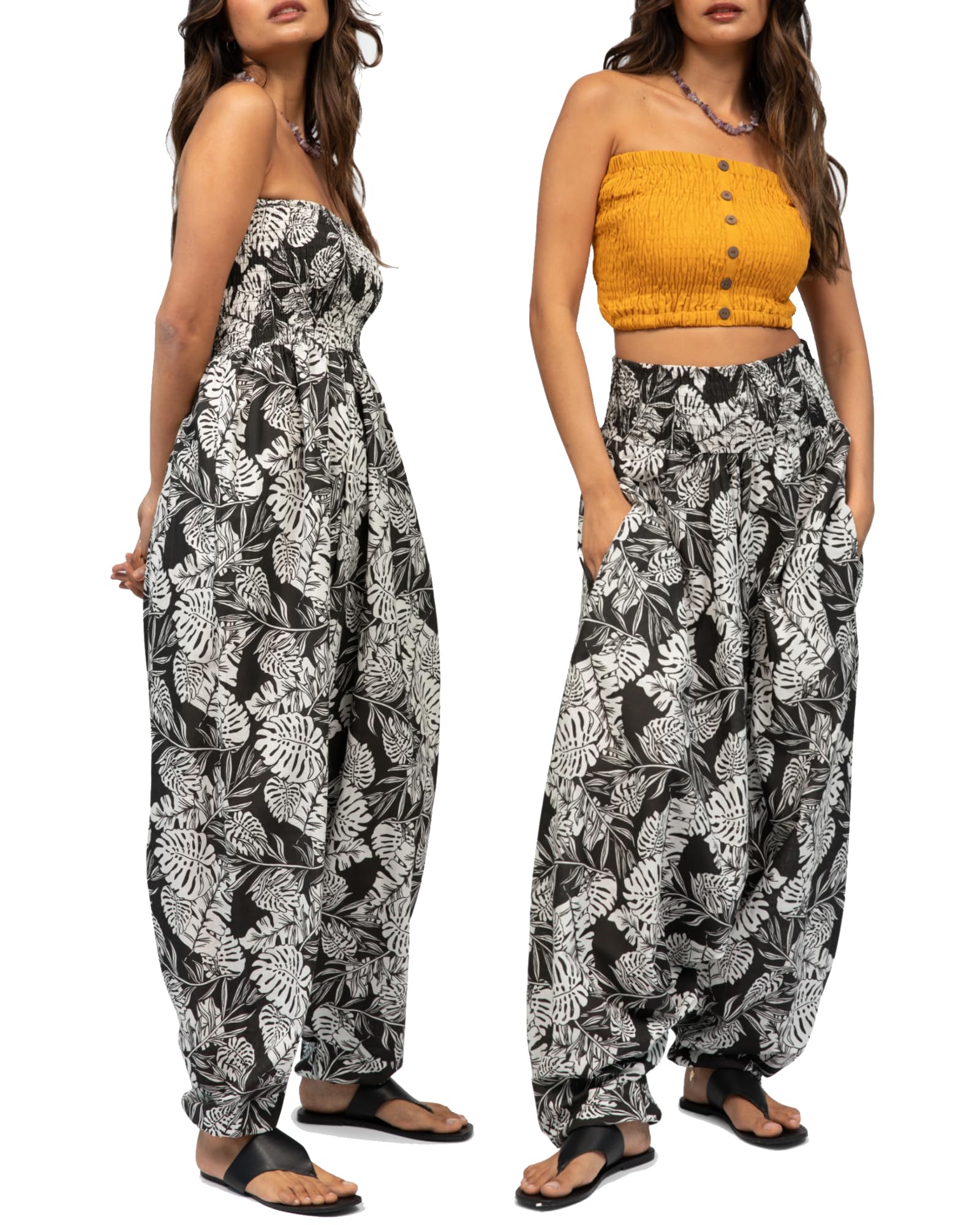 Likemary Women's Convertible Harem Jumpsuit - Boho Print Cotton Romper with Pockets (One Size) | Lounge Wear, Yoga Pants, Festival Outfit & Casual Summer Fashion