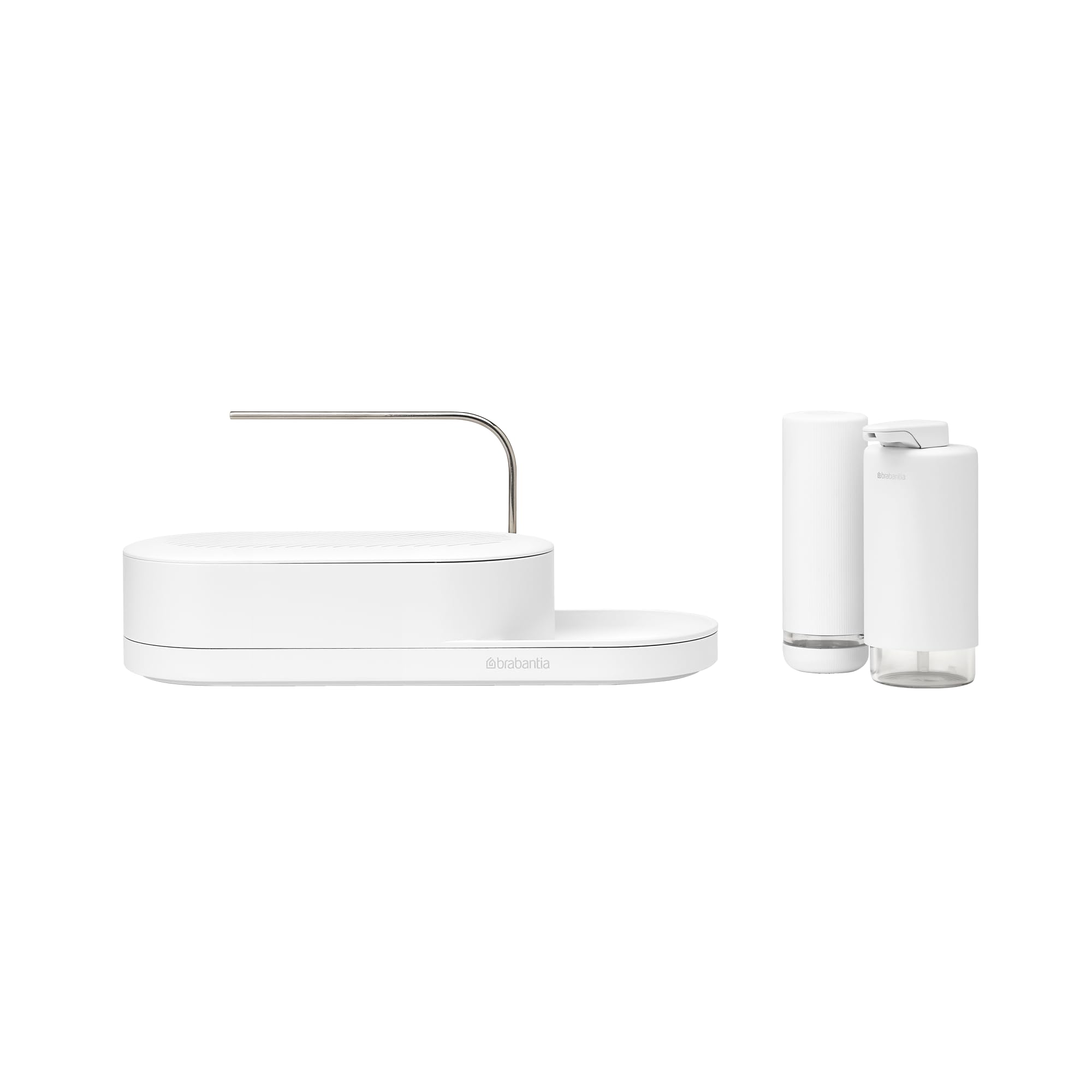 Brabantia 3-Piece Sink Organizer Set - Soap Dispenser, Soap Squeezer & Storage Tray - Compact Space-Saving Design with Drip Tray & Non-Slip Base - Mineral Fresh White - Perfect for Kitchen, Bathroom & Vanity Organization
