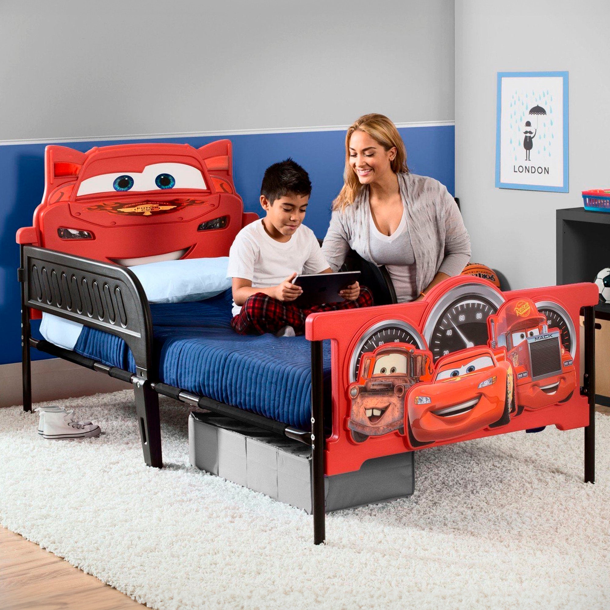 3D Twin Bed for Kids - Plastic Car-Shaped Bed Frame for Boys & Girls - Perfect for Themed Bedrooms and Playrooms