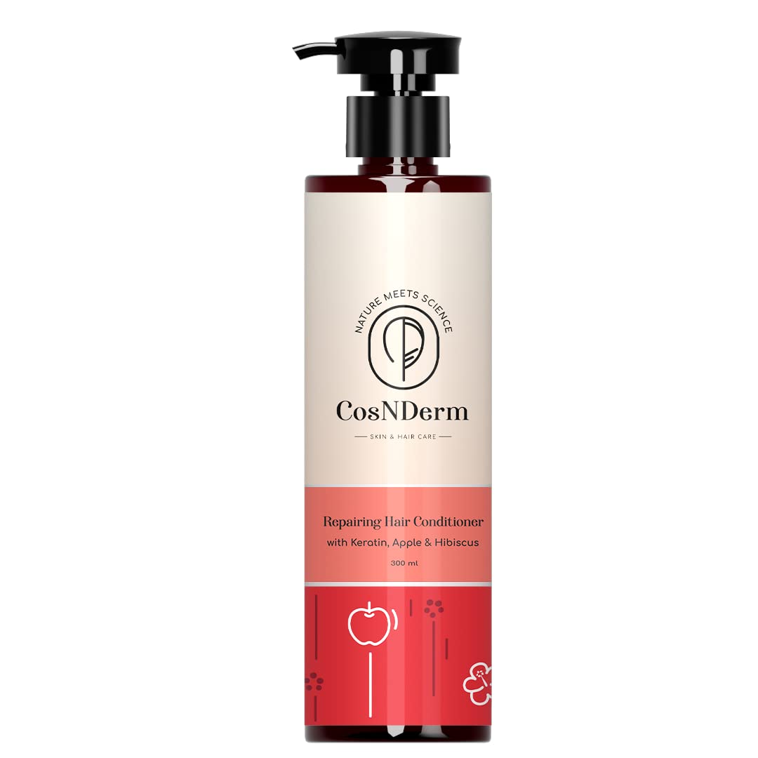 CosNDerm Keratin Apple & Hibiscus Hair Conditioner (300 ml) - Frizz Free, Smoothing Treatment for Men & Women - Perfect for Dry, Damaged Hair at Home or Salon Use