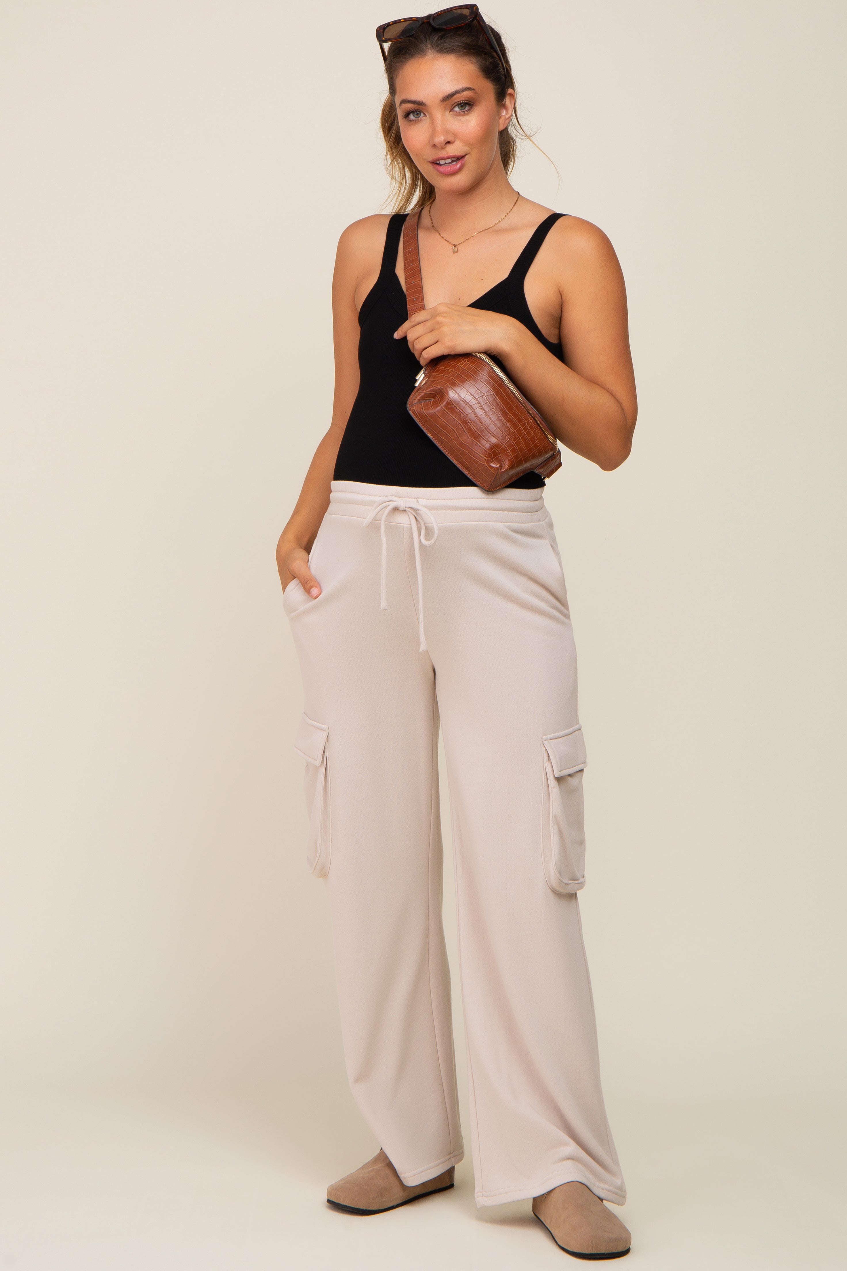 Comfortable Beige Maternity Sweatpants with Pockets - Soft Stretchy Pregnancy Pants for Women - Perfect for Lounging, Yoga & Everyday Wear