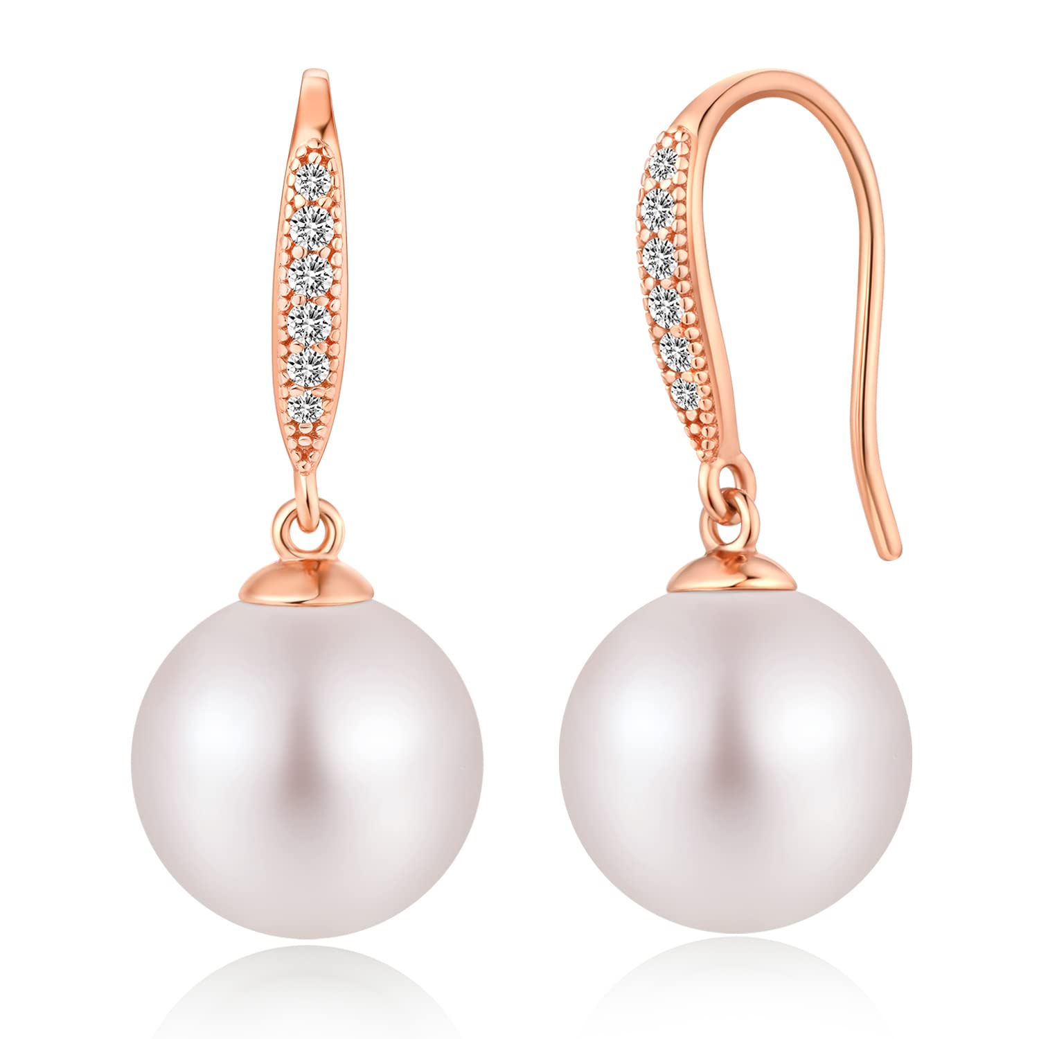 925 Sterling Silver Pearl Dangle Earrings for Women - 8MM-10MM Freshwater Pearl Drop Earrings with Diamond Accents | Elegant Jewelry Gift for Wedding, Party & Special Occasions