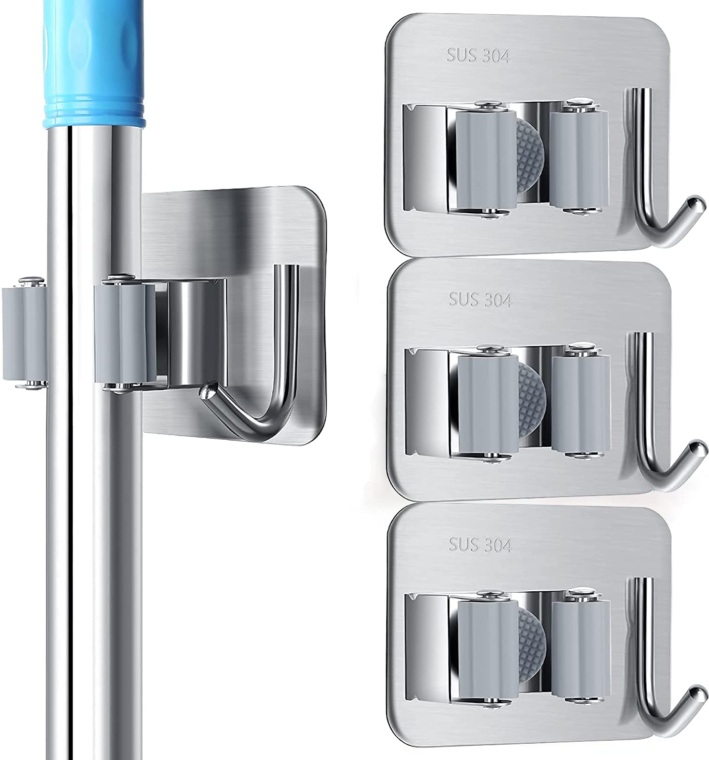 3PCS Heavy Duty 304 Stainless Steel Broom Mop Holder Wall Mount - Durable Utility Storage Rack for Brooms, Mops & Tools - Perfect for Home, Office, Closet & Garden Organization