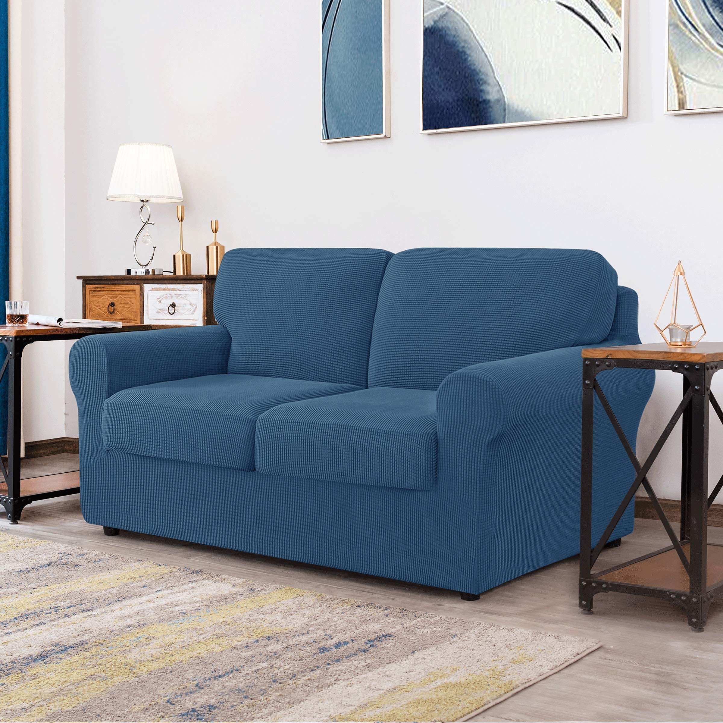 CHUN YI Loveseat Sofa Cover Set - Stretchable Jacquard Fabric Slipcover with Detachable Backrest & Cushions (Denim Blue) - Perfect for Living Room, Bedroom, and Home Decor Protection