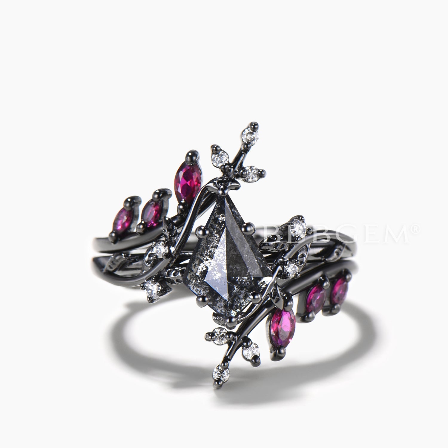 Nature Inspired Kite Cut Salt and Pepper Diamond Bridal Ring Set with Ruby Twig Band – Perfect for Boho Wedding, Engagement, and Vintage Style Jewelry Lovers