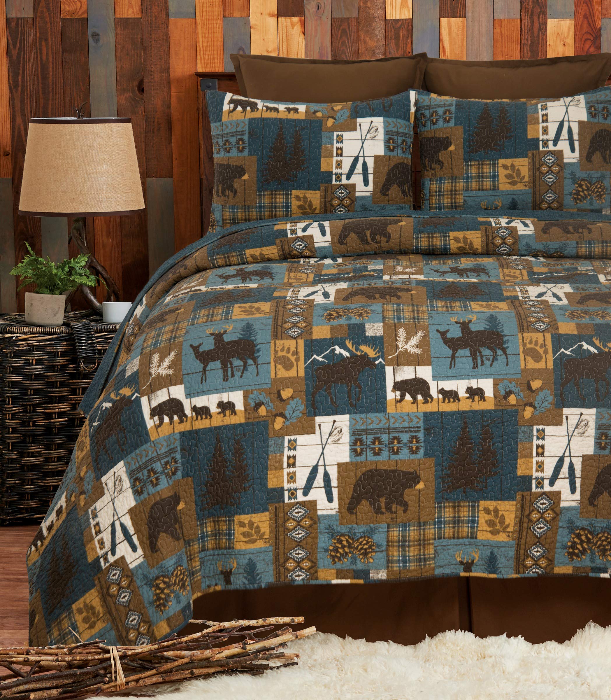 Timber Trails Sky 3-Piece King Quilt Set - Blue, Tan & Brown Cabin Woods Pattern Bedding with Shams | Rustic Cabin Decor for Cozy Bedroom Retreat