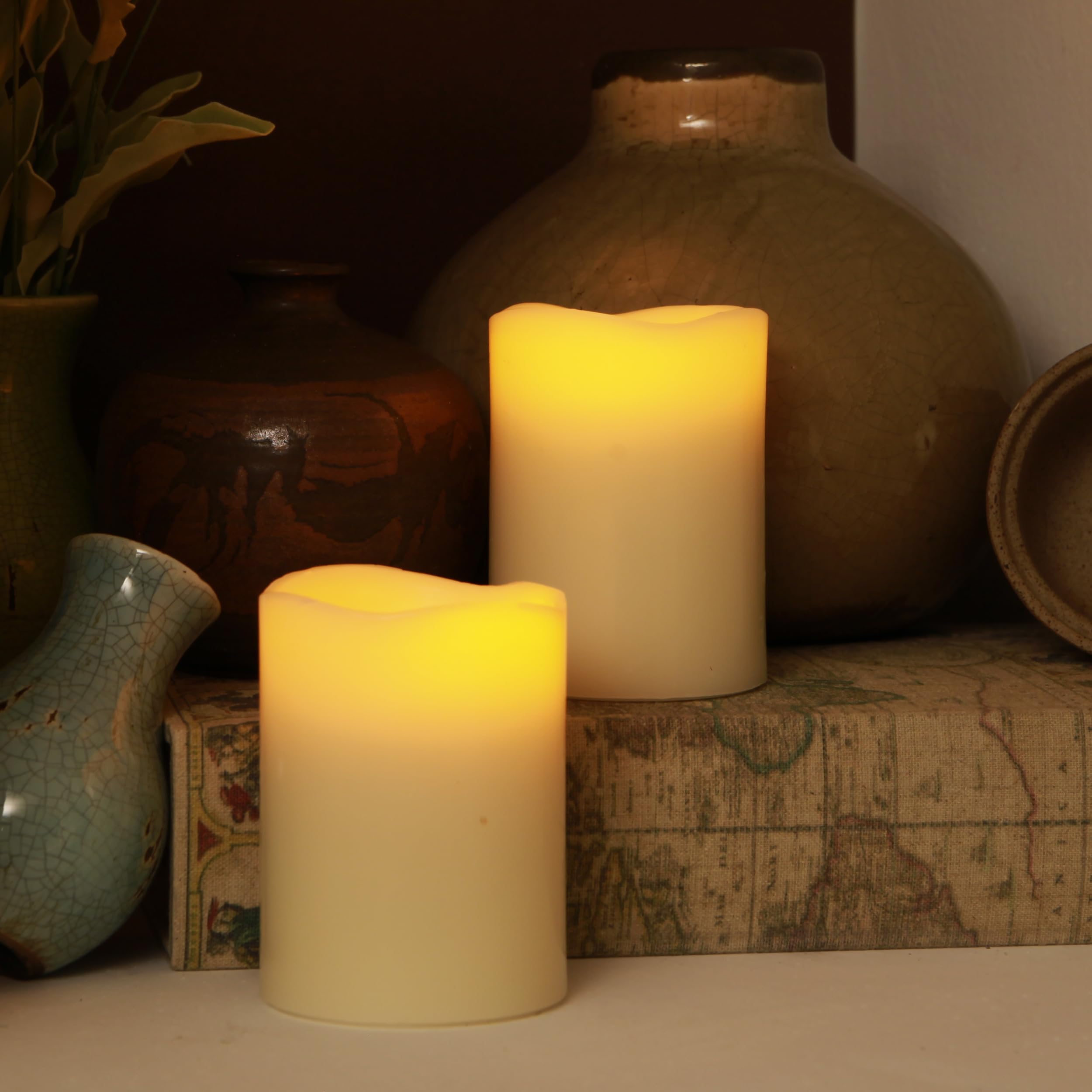 Realistic Ivory Flameless LED Pillar Candles - Battery Operated with Flickering Flame Effect & 4/8 Hour Timer (3