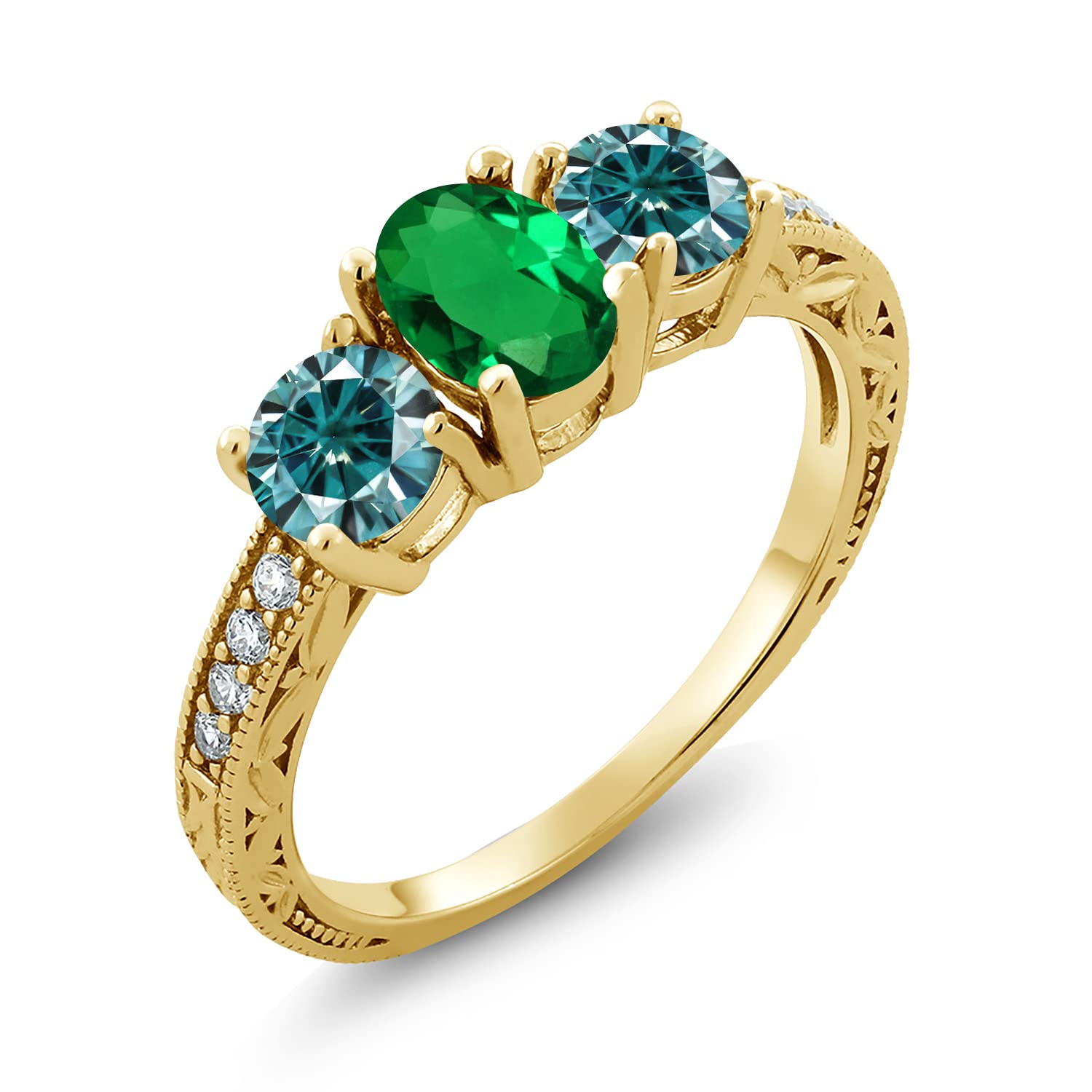 18K Yellow Gold Plated Silver Ring with Nano Emerald & Blue Created Moissanite (1.72 Cttw) - Gem Stone King | Elegant Jewelry for Weddings, Anniversaries & Special Occasions