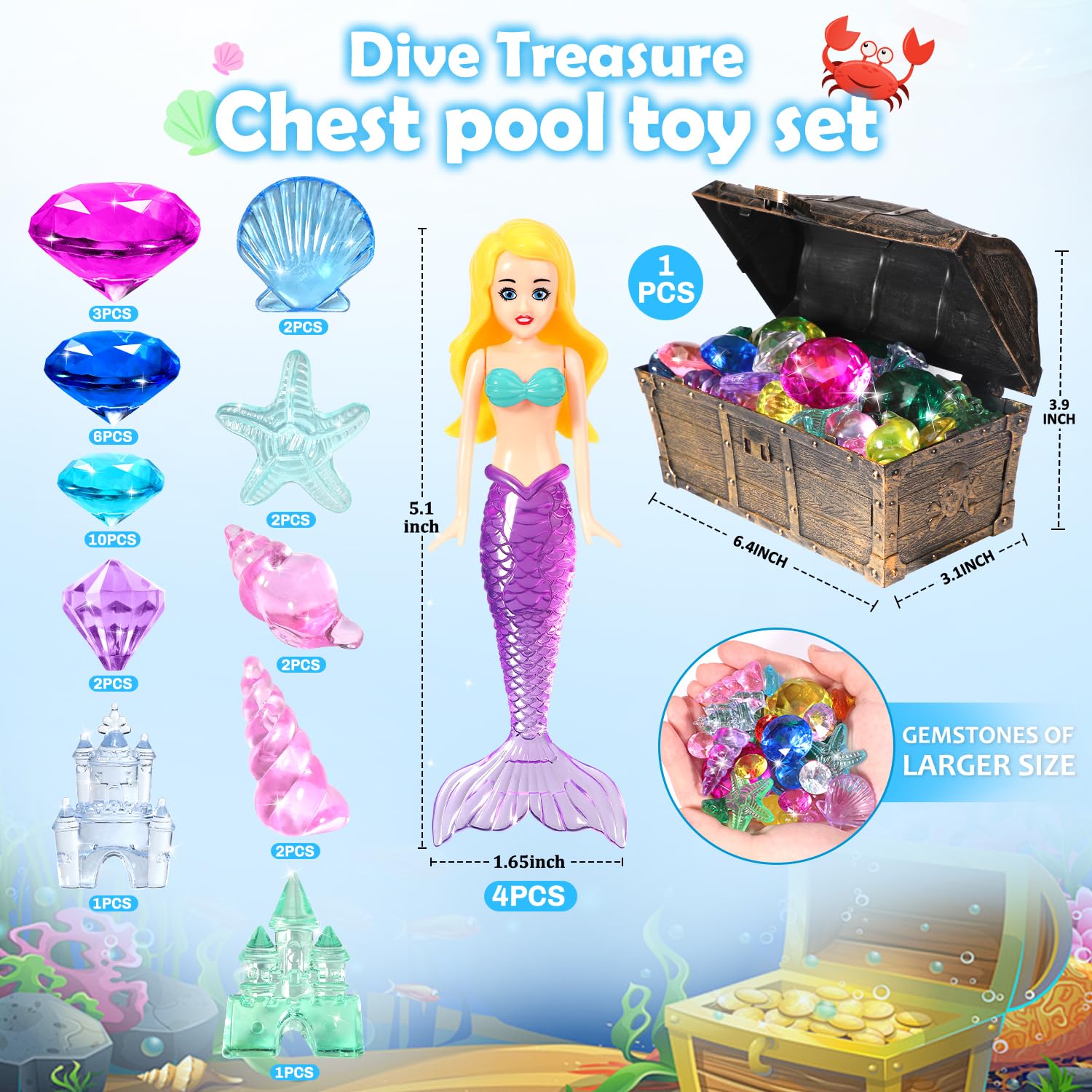 EIMMBD 36pcs Diving Gem Pool Toys Set - Colorful Plastic Diamonds with Treasure Pirate Box - Fun Swimming & Diving Toys for Kids - Perfect for Pool Parties, Beach Games & Underwater Treasure Hunts